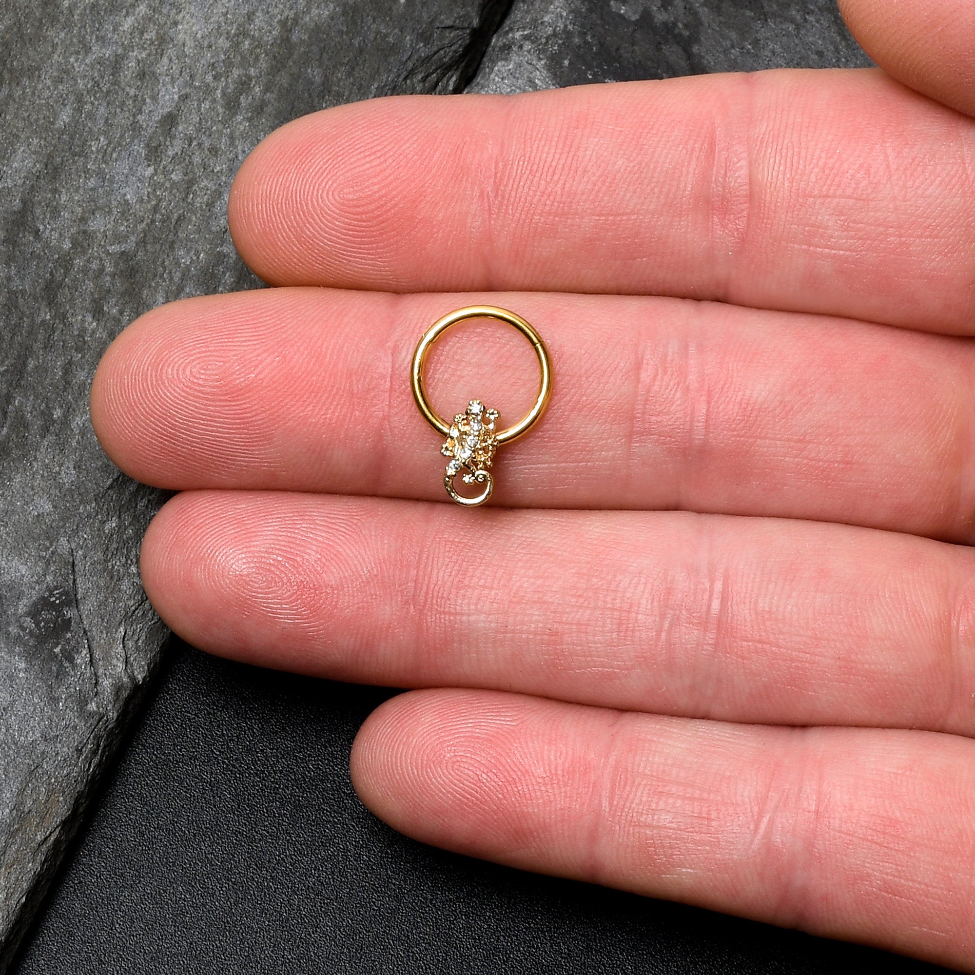 BodyCandy 16G 3/8 Clear Gem Gold Tone Luscious Lizard Hinged Segment Ring — lifestyle context