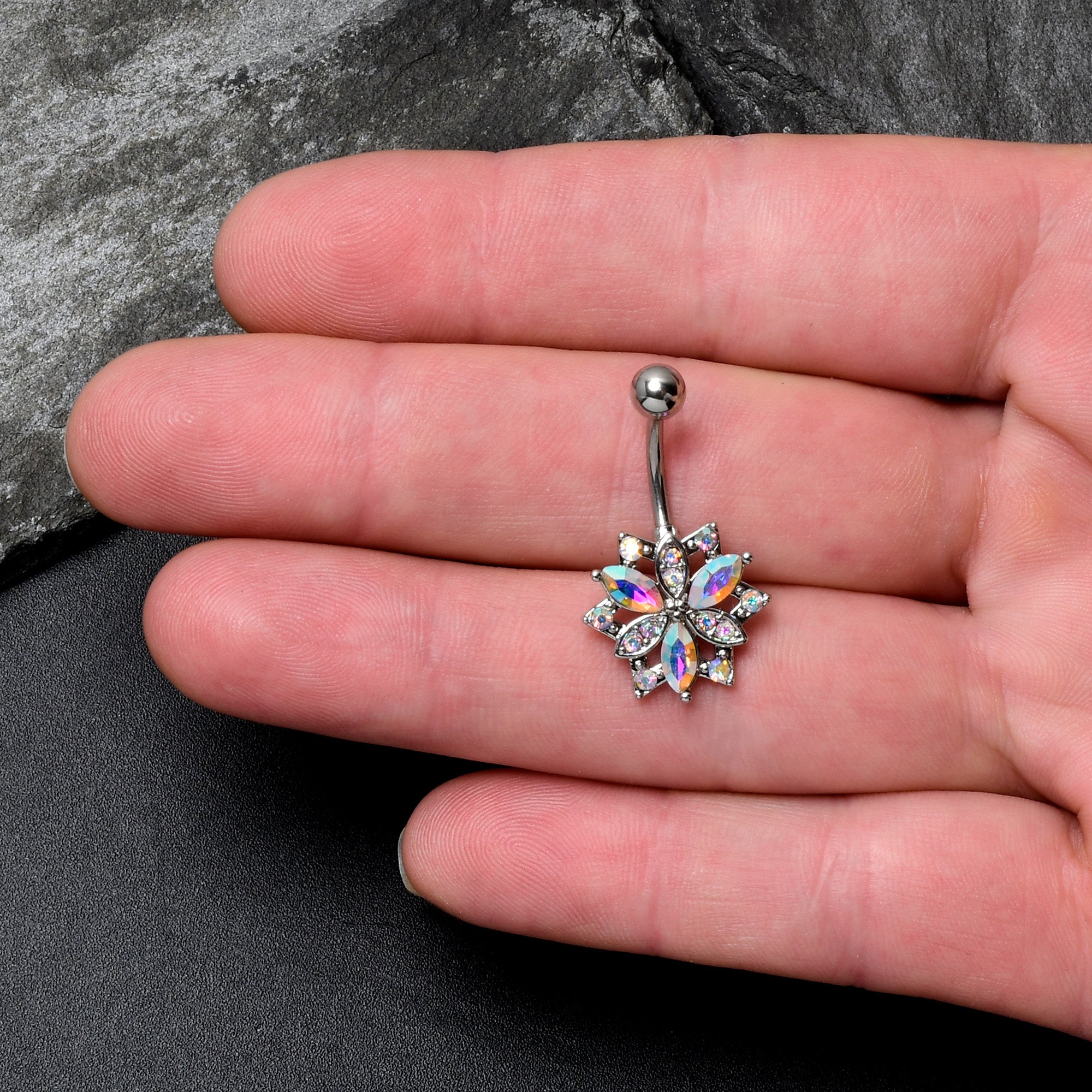 BodyCandy Aurora CZ Gem Snowflake Style Belly Ring — lifestyle context