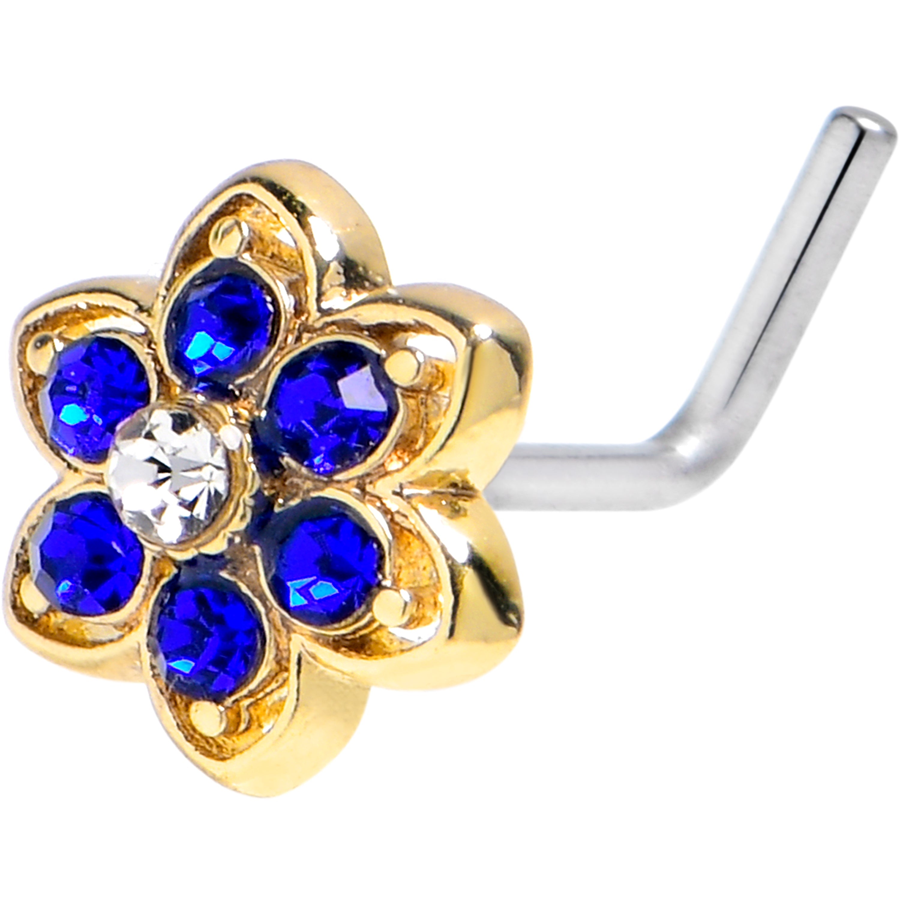 BodyCandy 20G 7mm Blue Gem Radiant Bloom Flower Golden L Shape Nose Ring — main product shot