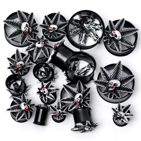 Red Gem Black Pot Leaf Skull Tunnel Plug Set