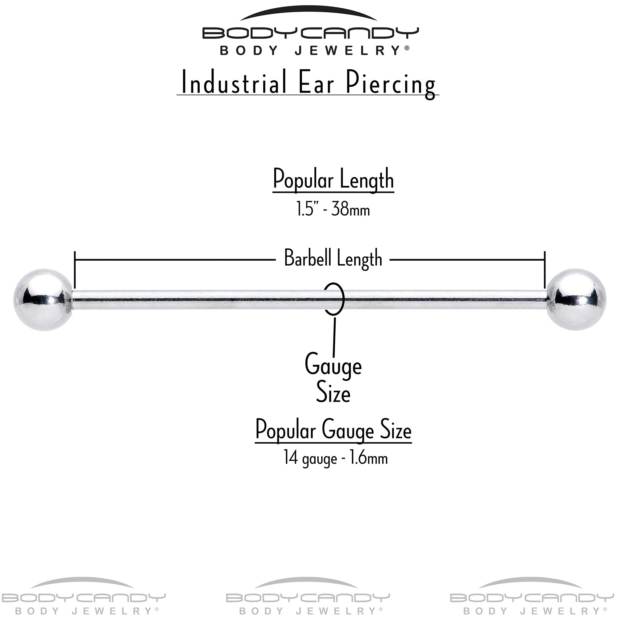 BodyCandy 14G Aurora CZ Gem Snowflake Style Industrial Barbell 38mm — size reference