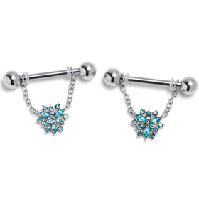 14G 9/16 Blue Gem Snowflake Style Chain Dangle Nipple Ring Set