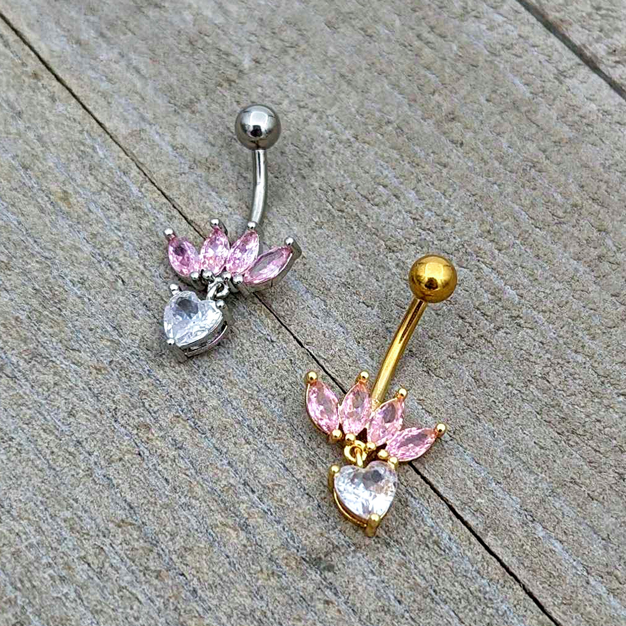 BodyCandy Clear Pink CZ Gem Crown And Heart Dangle Belly Ring — in-use photo