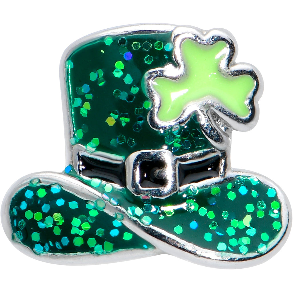 BodyCandy 16G 1/4 Glitter Top Hat Shamrock Cartilage Tragus Earring — detail close-up