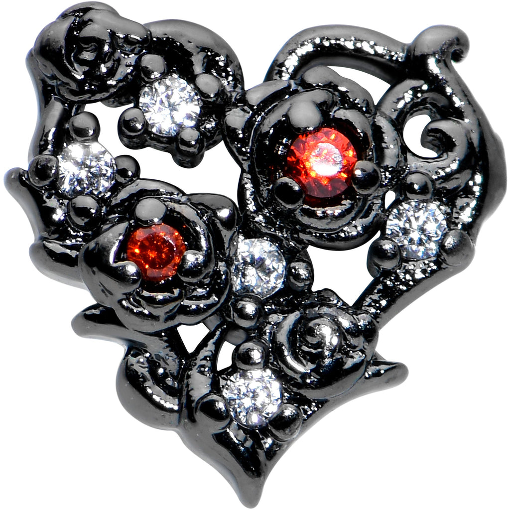 BodyCandy 16G 1/4 Clear Red CZ Gem Black Floral Heart Cartilage Earring — detail close-up
