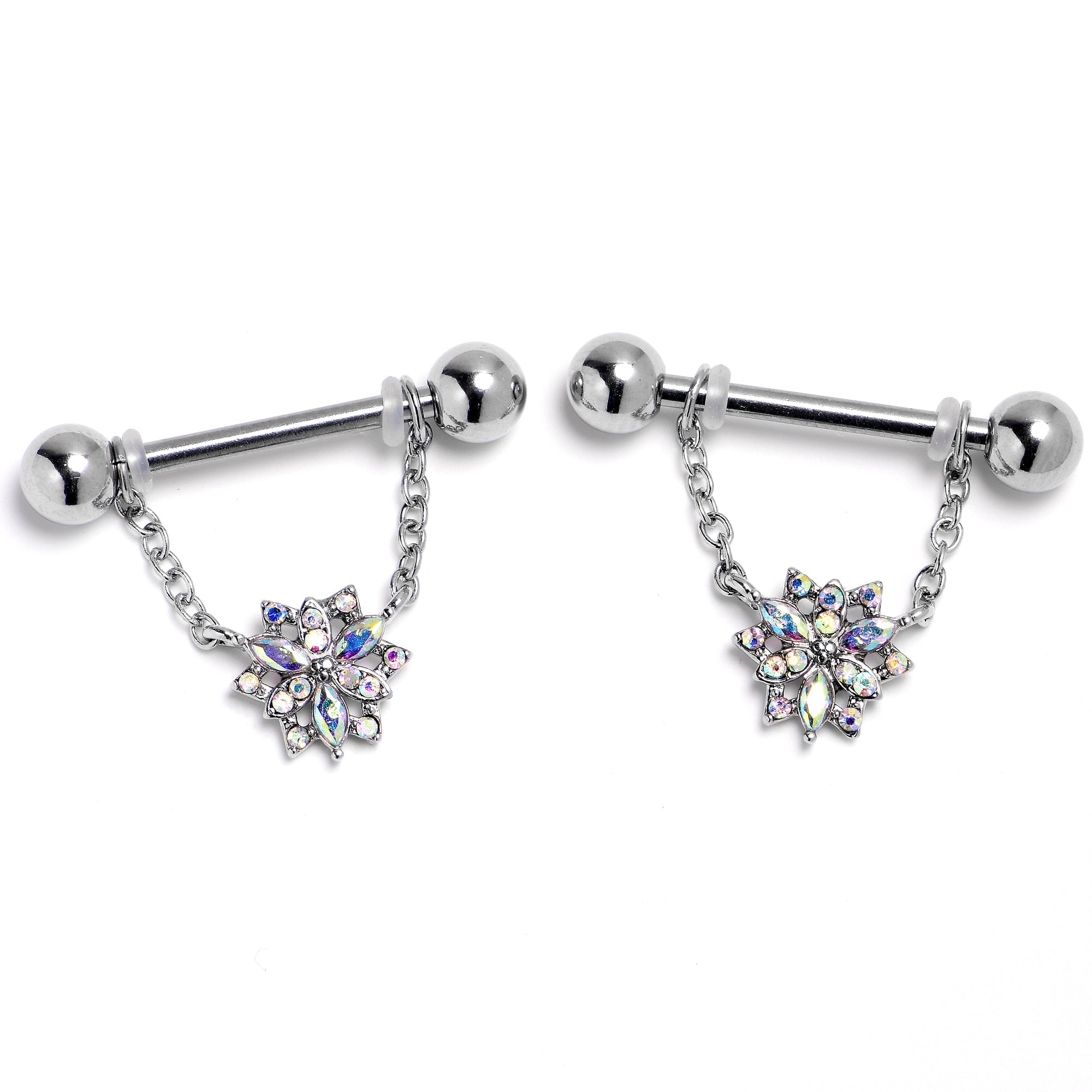 BodyCandy 14G 9/16 Aurora Gem Snowflake Style Chain Dangle Nipple Ring Set — main product shot