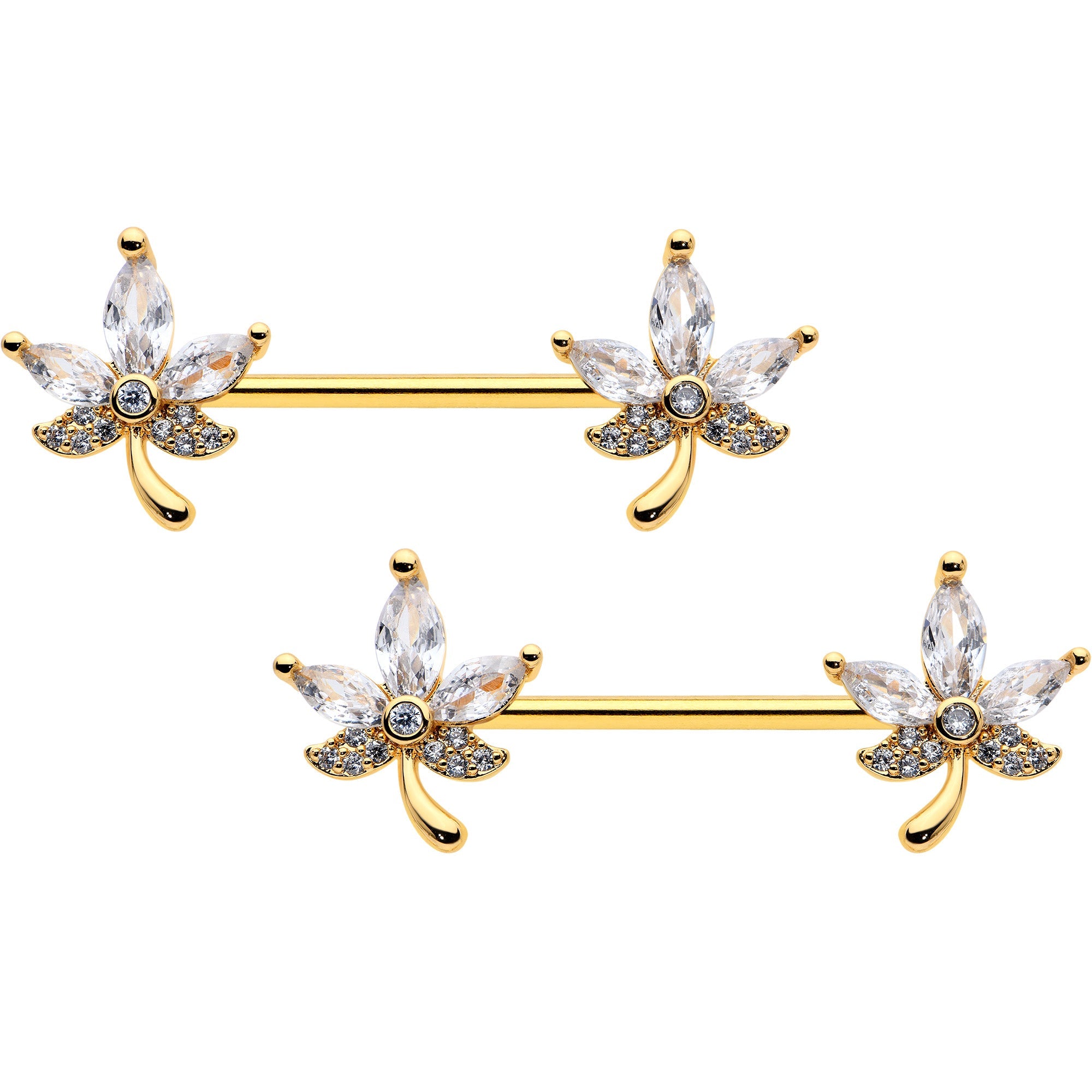 BodyCandy 14G 3/4 Clear CZ Gem Gold Tone Pot Leaf Barbell Nipple Ring Set — main product shot