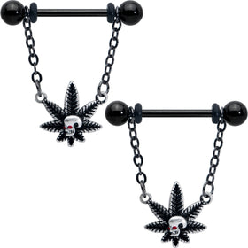 14G 9/16 Red Gem Black Pot Leaf Skull Chain Dangle Nipple Ring Set