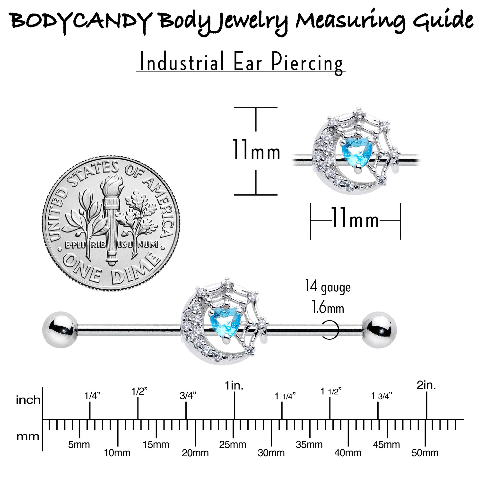 BodyCandy 14G Blue CZ Gem Heart Web Moon Industrial Barbell 38mm — alternative angle