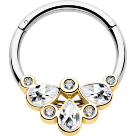 16G 3/8 Clear Gem Golden Crown Deluxe Hinged Segment Ring