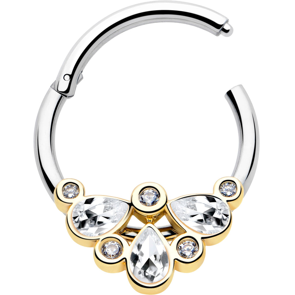 BodyCandy 16G 3/8 Clear Gem Golden Crown Deluxe Hinged Segment Ring — detail close-up