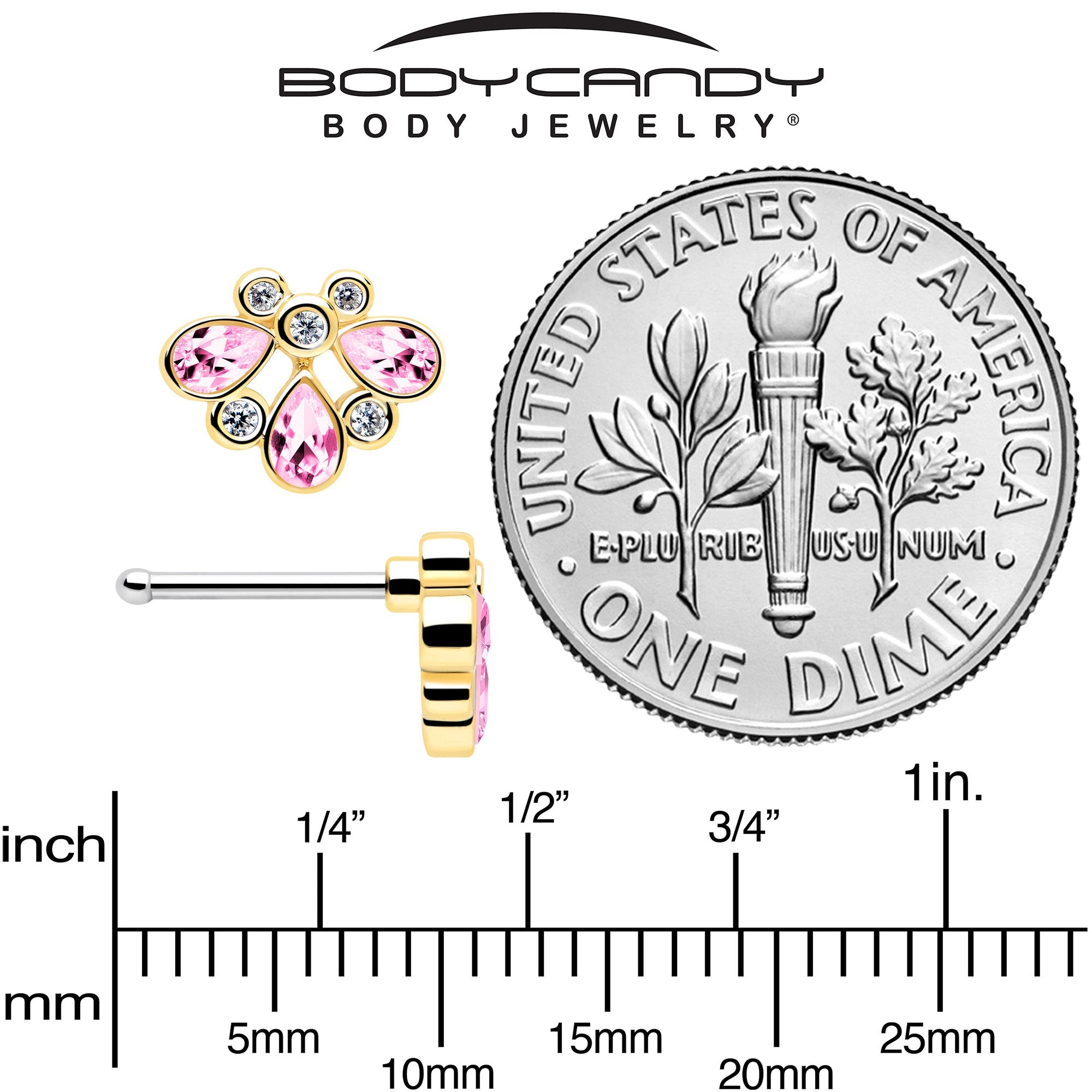 BodyCandy 20G 1/4 Pink Gem Golden Crown Deluxe Nose Bone — back view