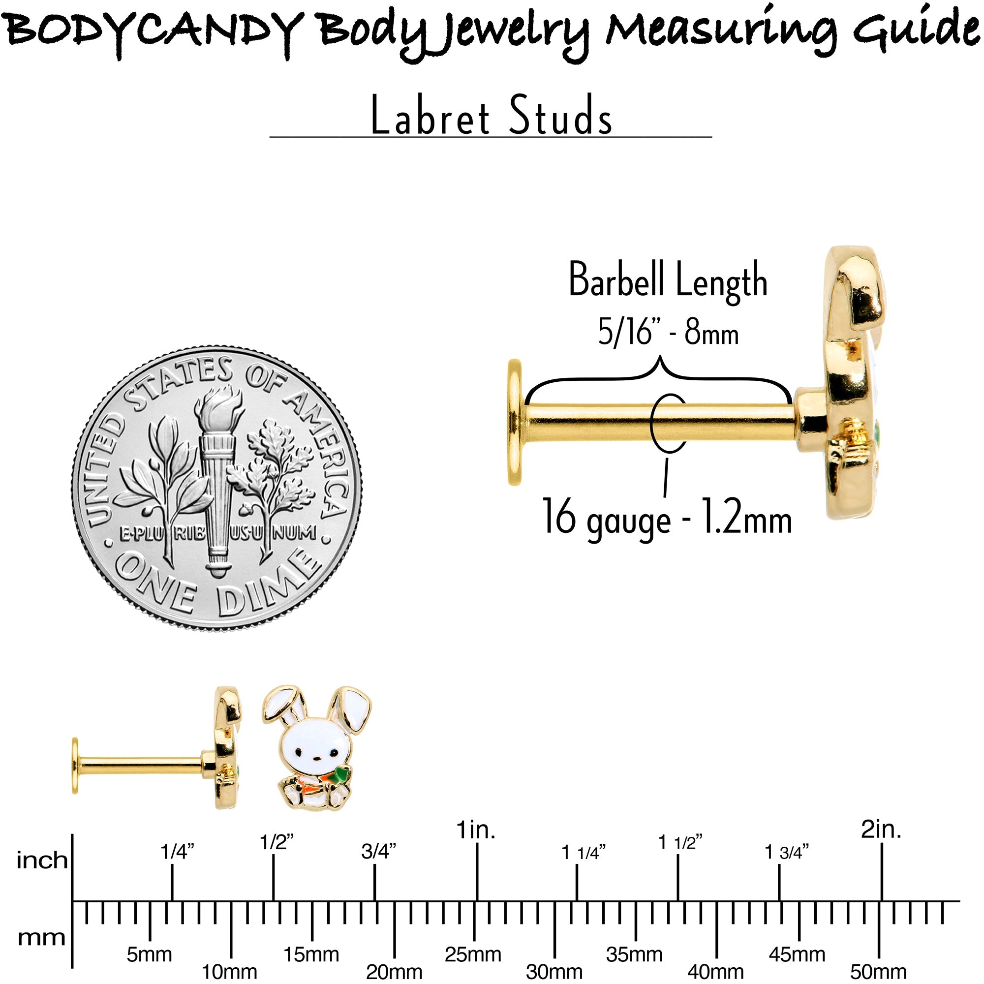 BodyCandy 16G 5/16 Gold Tone Cutie Easter Bunny Labret Monroe Tragus — size reference