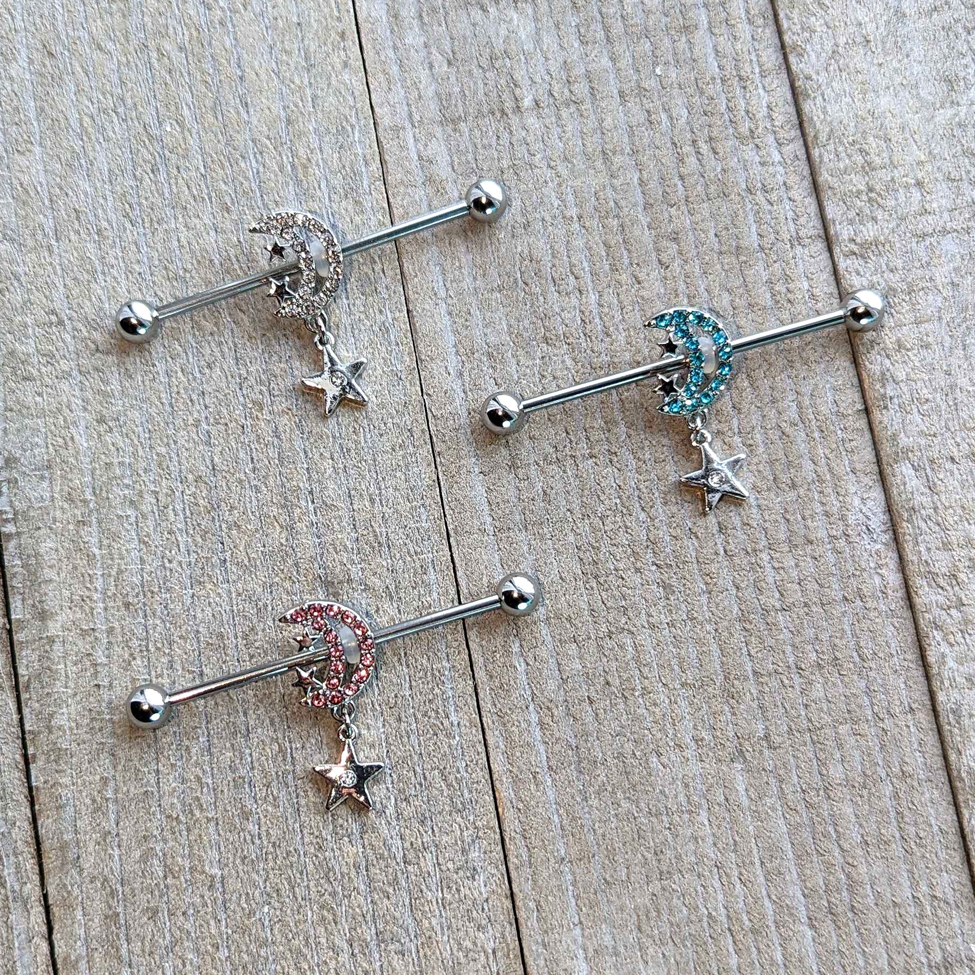BodyCandy 14G Pink CZ Gem Moon Dangle Star Industrial Barbell 38mm — alternative angle