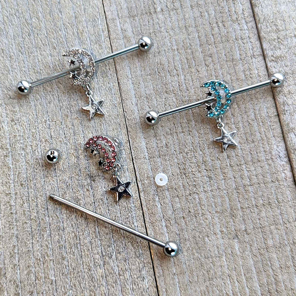 BodyCandy 14G Pink CZ Gem Moon Dangle Star Industrial Barbell 38mm — in-use photo