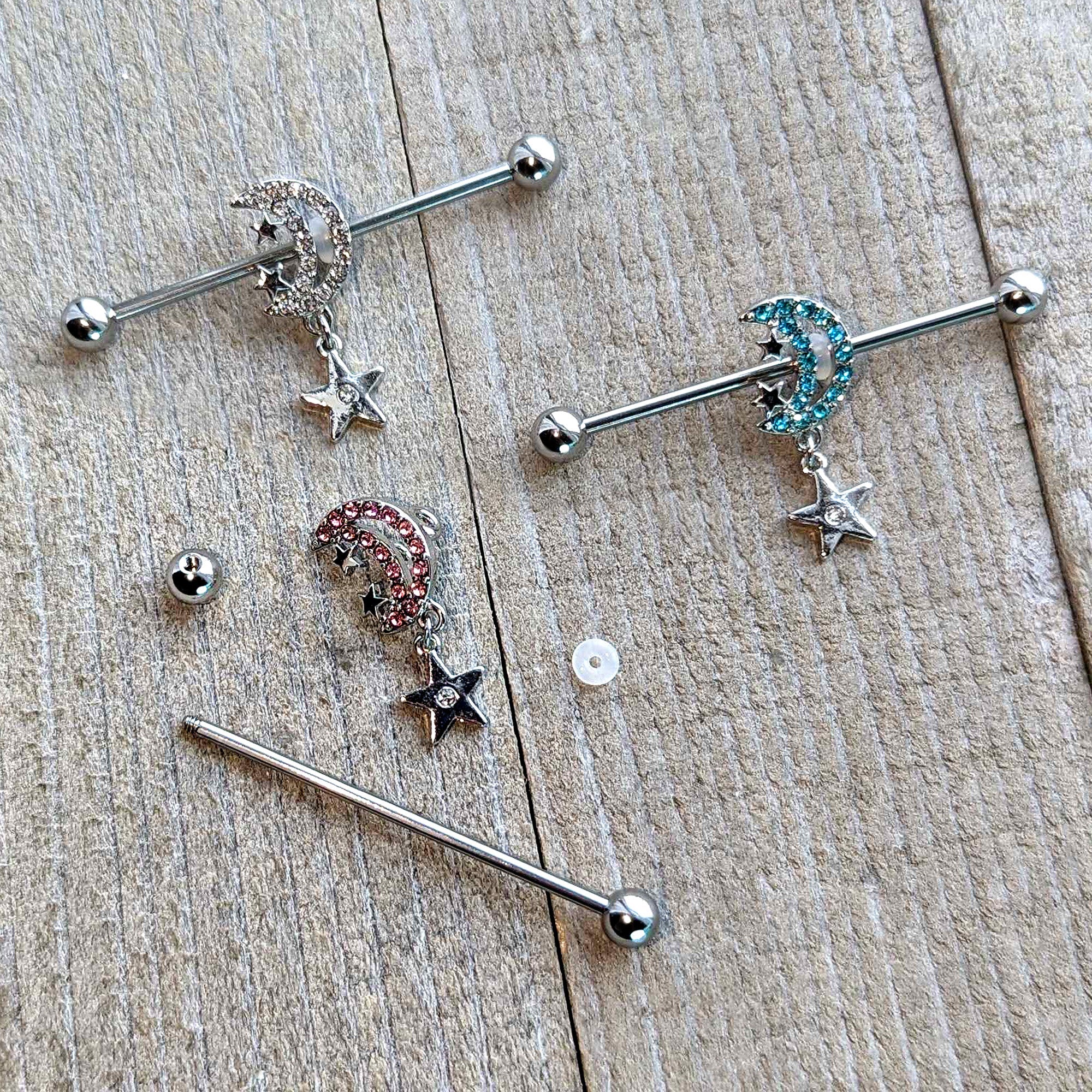 BodyCandy 14G Pink CZ Gem Moon Dangle Star Industrial Barbell 38mm — in-use photo