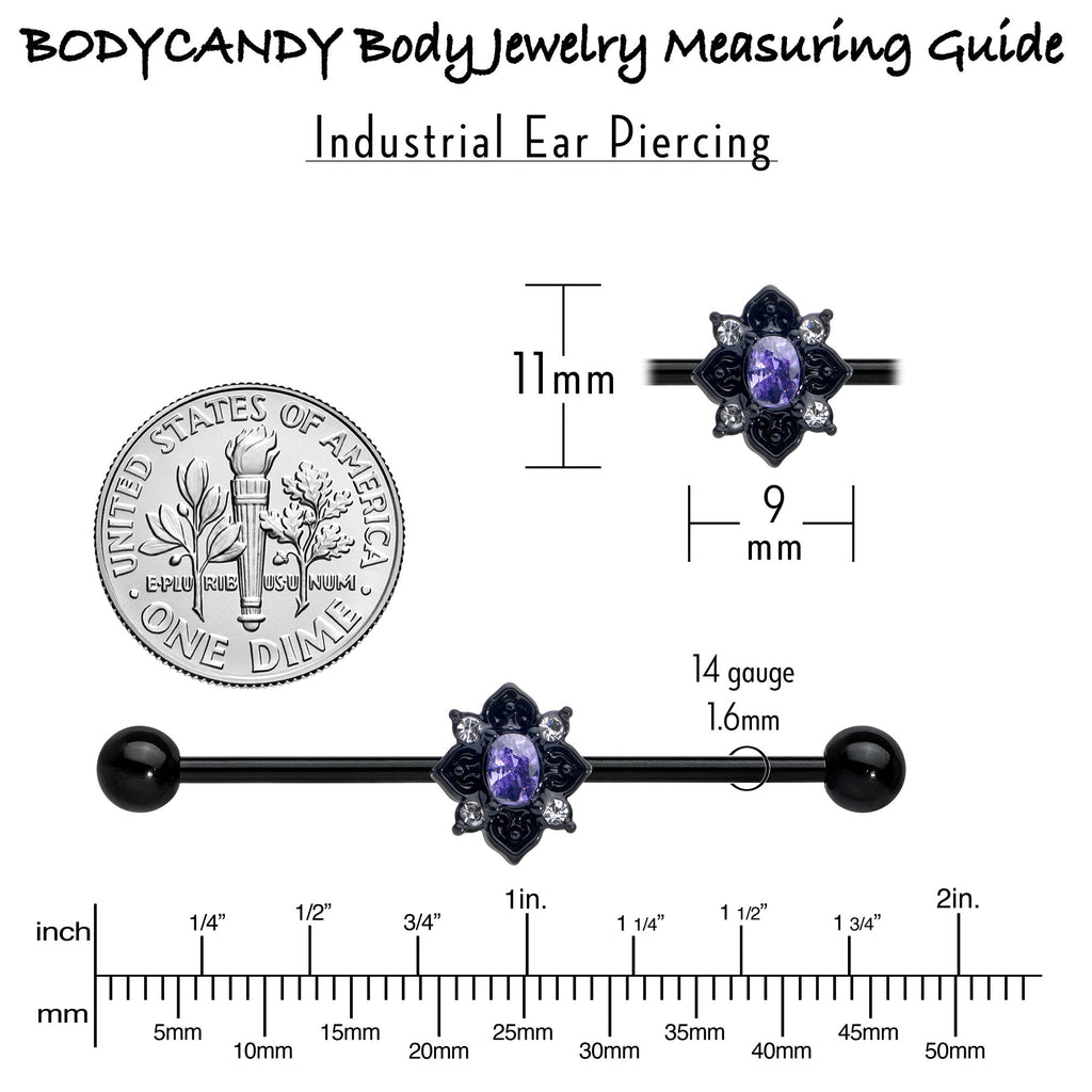 BodyCandy 14G Purple Gem Black Scrolling Hearts Industrial Barbell 38mm — in-use photo