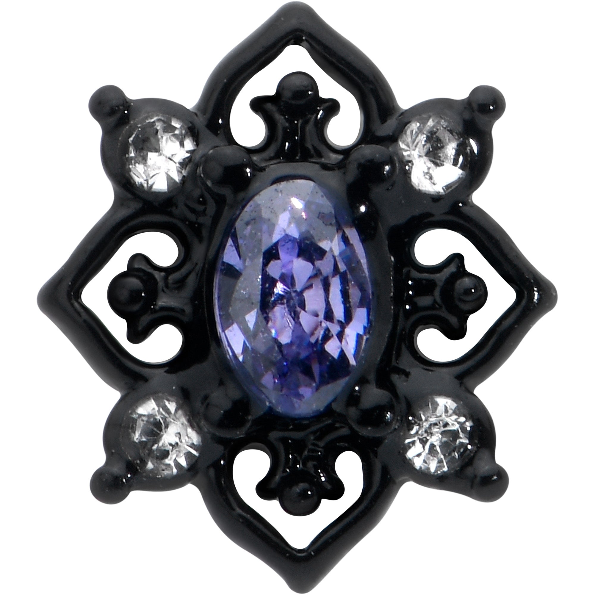 BodyCandy 20G 7mm Purple Gem Black Scrolling Hearts L Shape Nose Ring — detail close-up