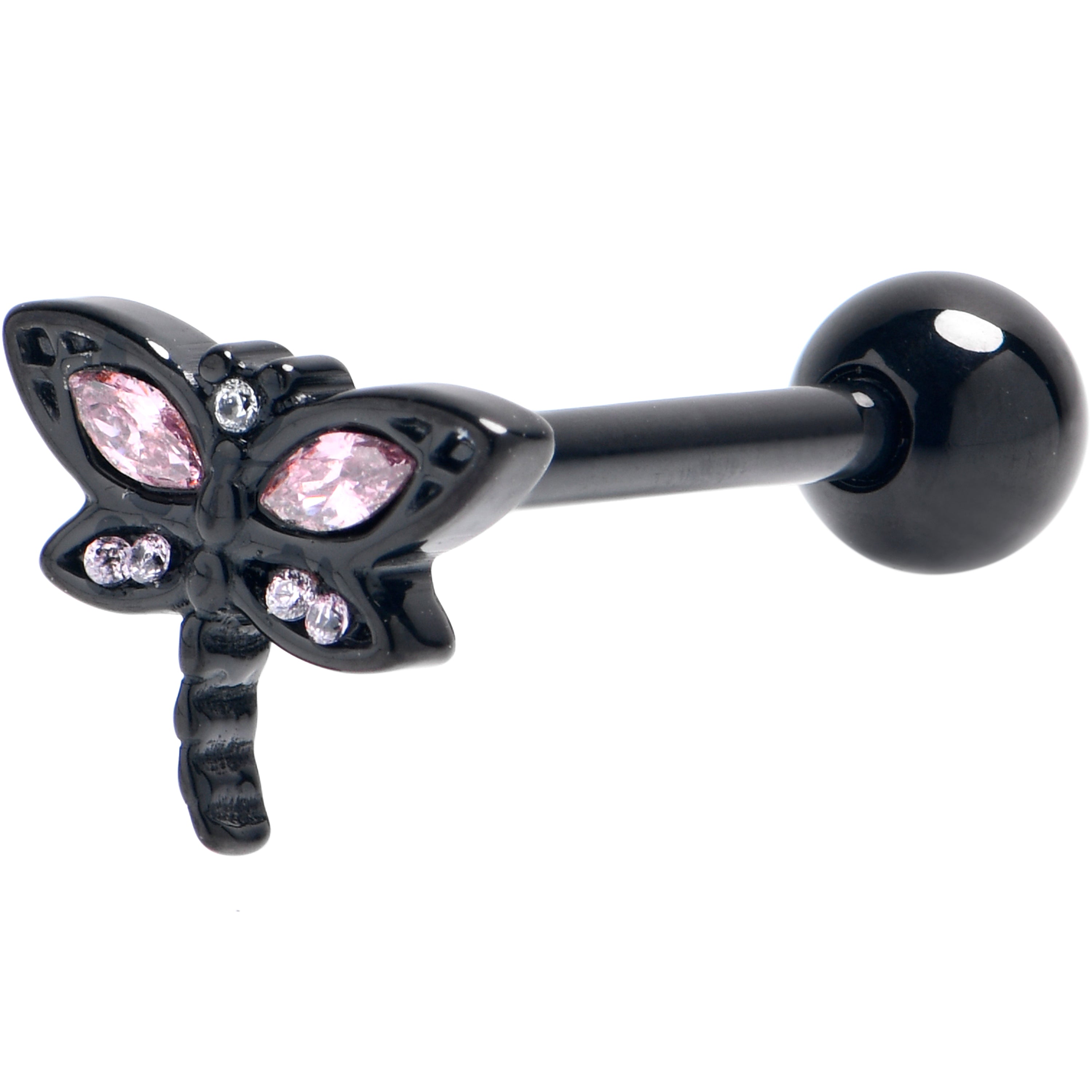 BodyCandy Clear Pink CZ Gem Black Gothic Dragonfly Barbell Tongue Ring — main product shot