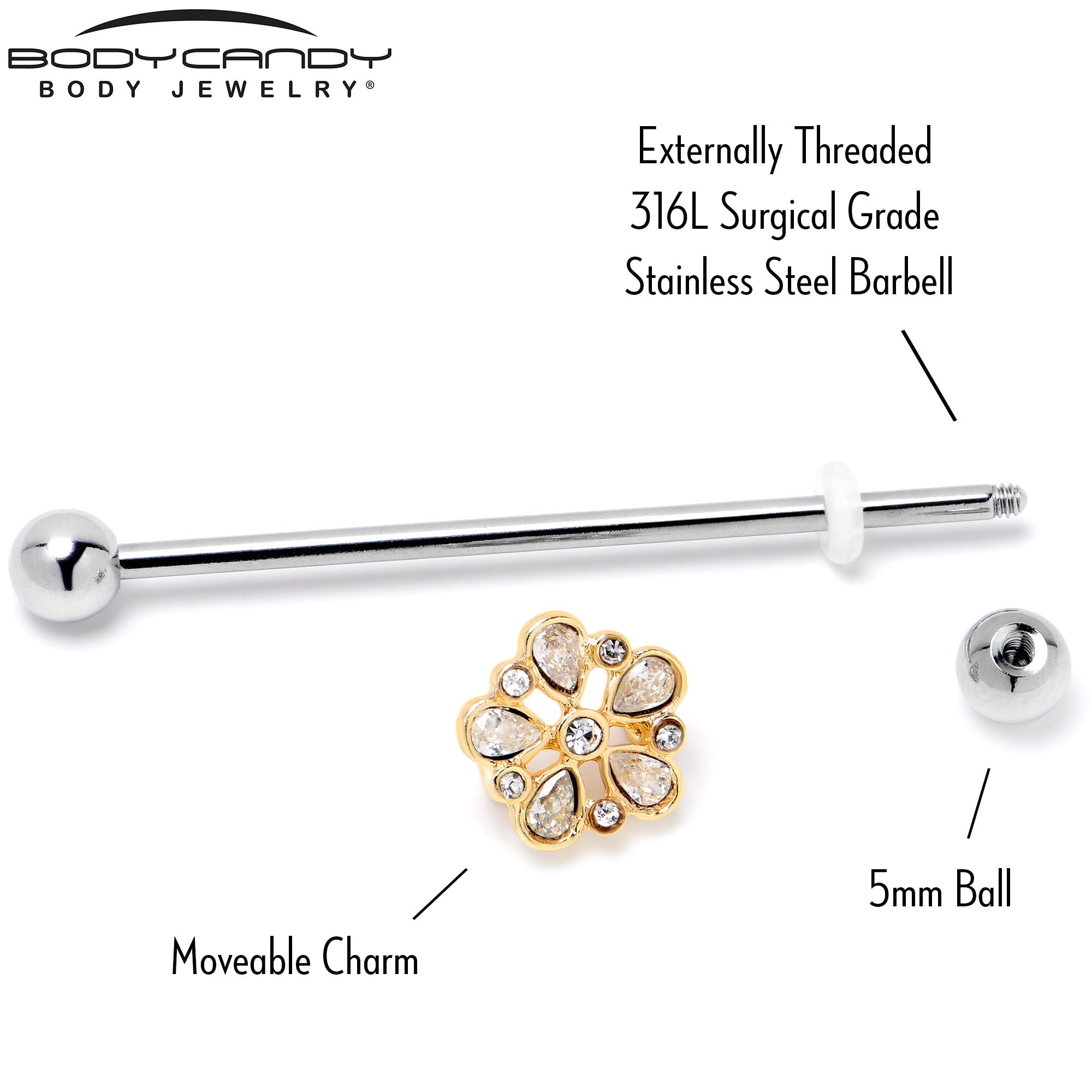BodyCandy 14G Clear Gem Filigree Flower Fantasy Industrial Barbell 38mm — back view
