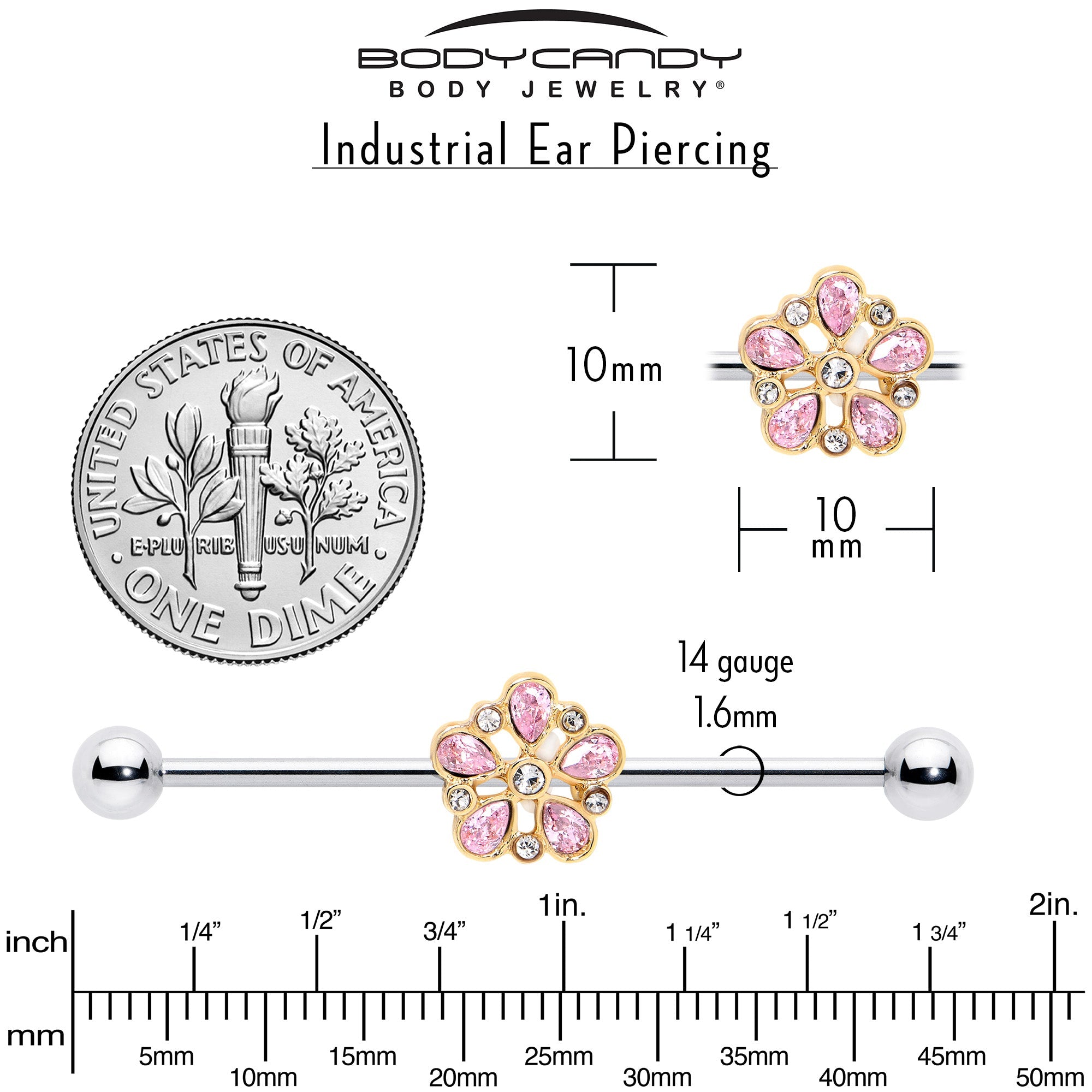 BodyCandy 14G Pink Gem Filigree Flower Fantasy Industrial Barbell 38mm — alternative angle