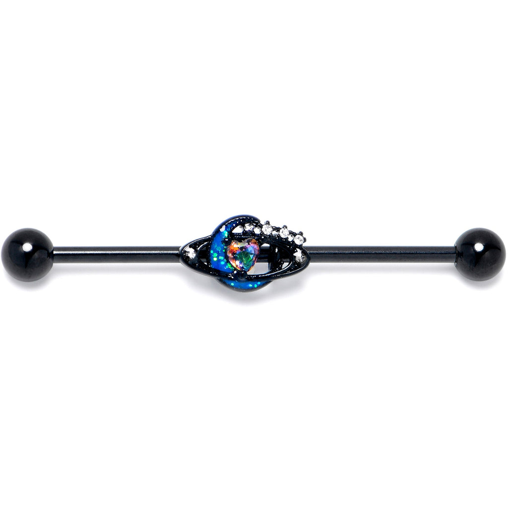 BodyCandy 14G Aurora Gem Black Saturn Space Moon Industrial Barbell 38mm — detail close-up