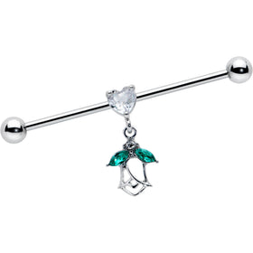 14G Clear CZ Gem Heart And Rose Dangle Industrial Barbell 38mm