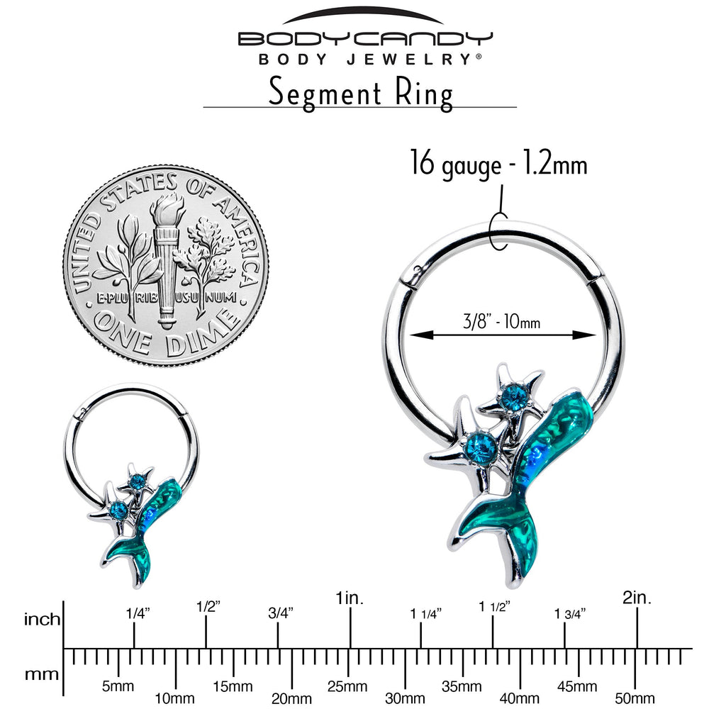 BodyCandy 16G 3/8 Blue Gem Green Mermaid Tail Stars Hinged Segment Ring — side view