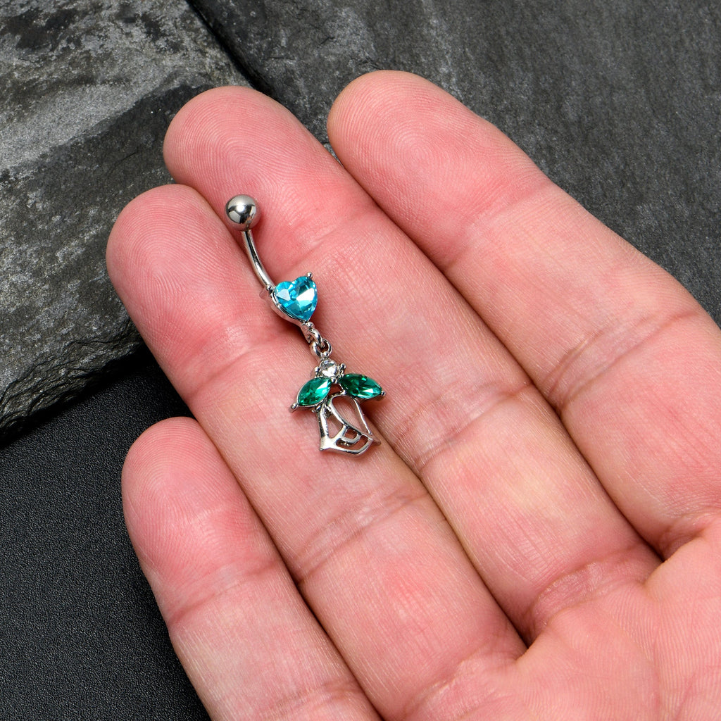 BodyCandy Blue CZ Gem Heart And Rose Dangle Belly Ring — detail close-up