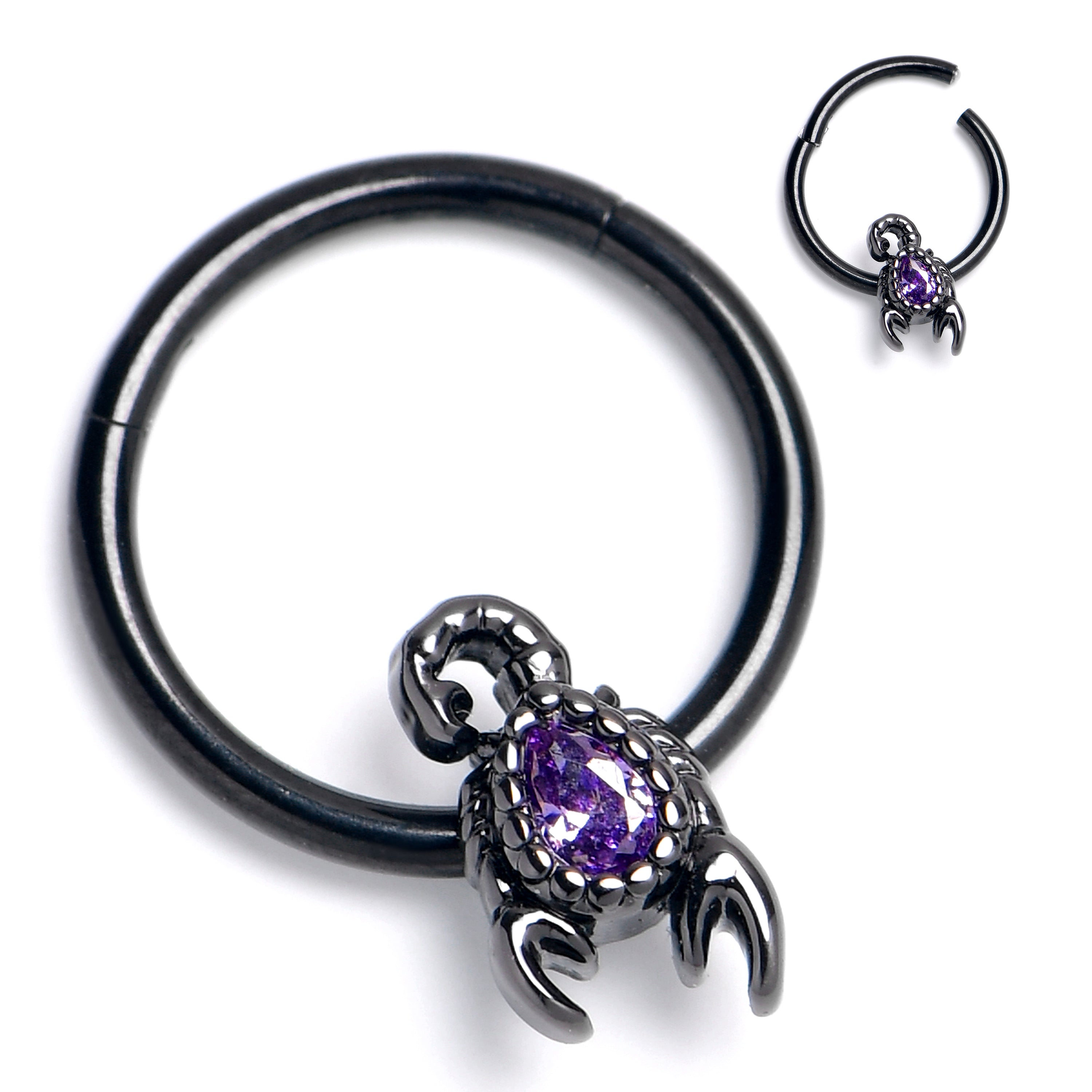 BodyCandy 16G 3/8 Purple Gem Black Goth Scorpion Hinged Segment Ring — main product shot