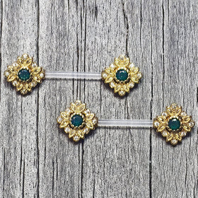 14G 9/16 Gem Bioplast Deco Age Barbell Nipple Ring Set