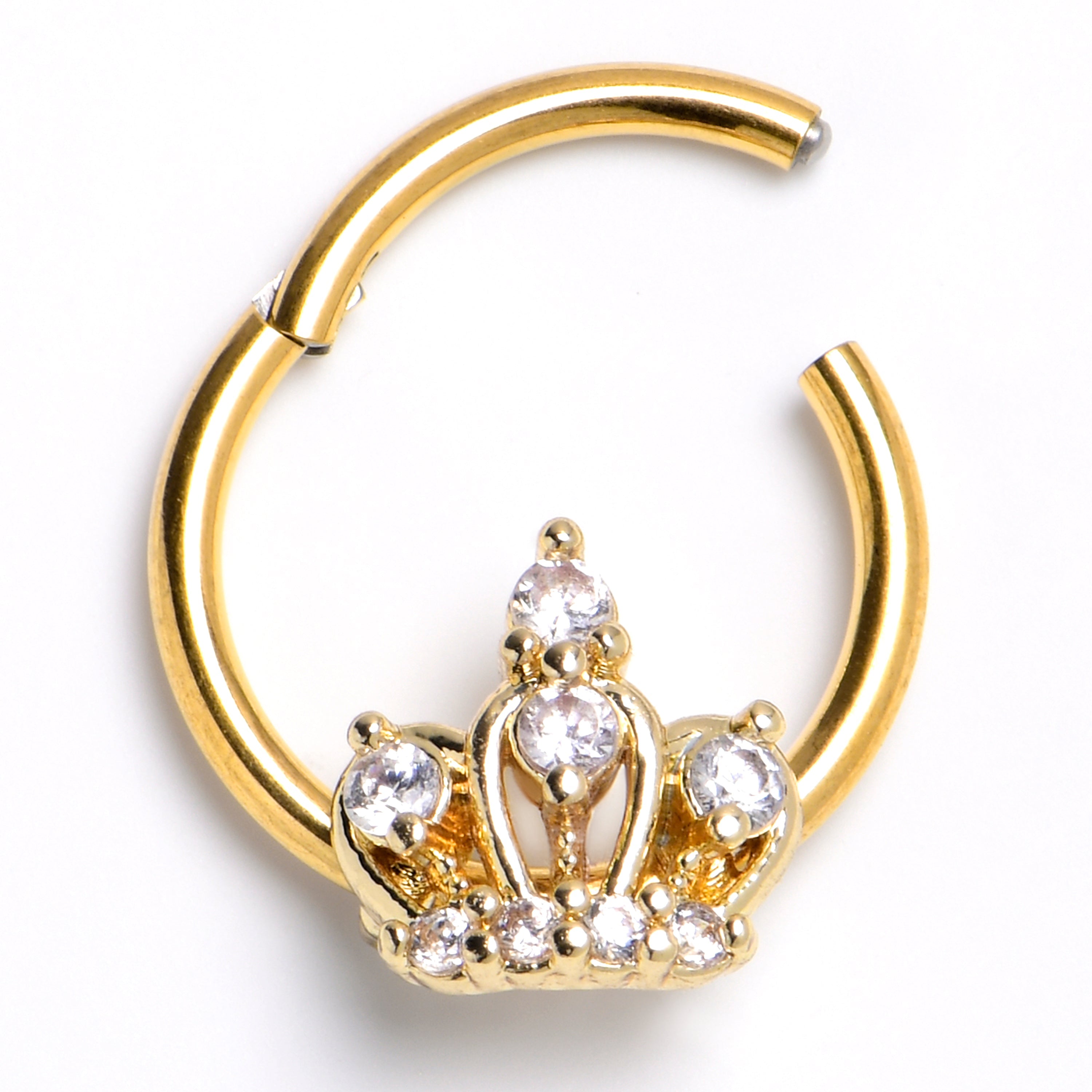 BodyCandy 16G 3/8 Clear CZ Gem Gold Tone Epic Crown Hinged Segment Ring — main product shot