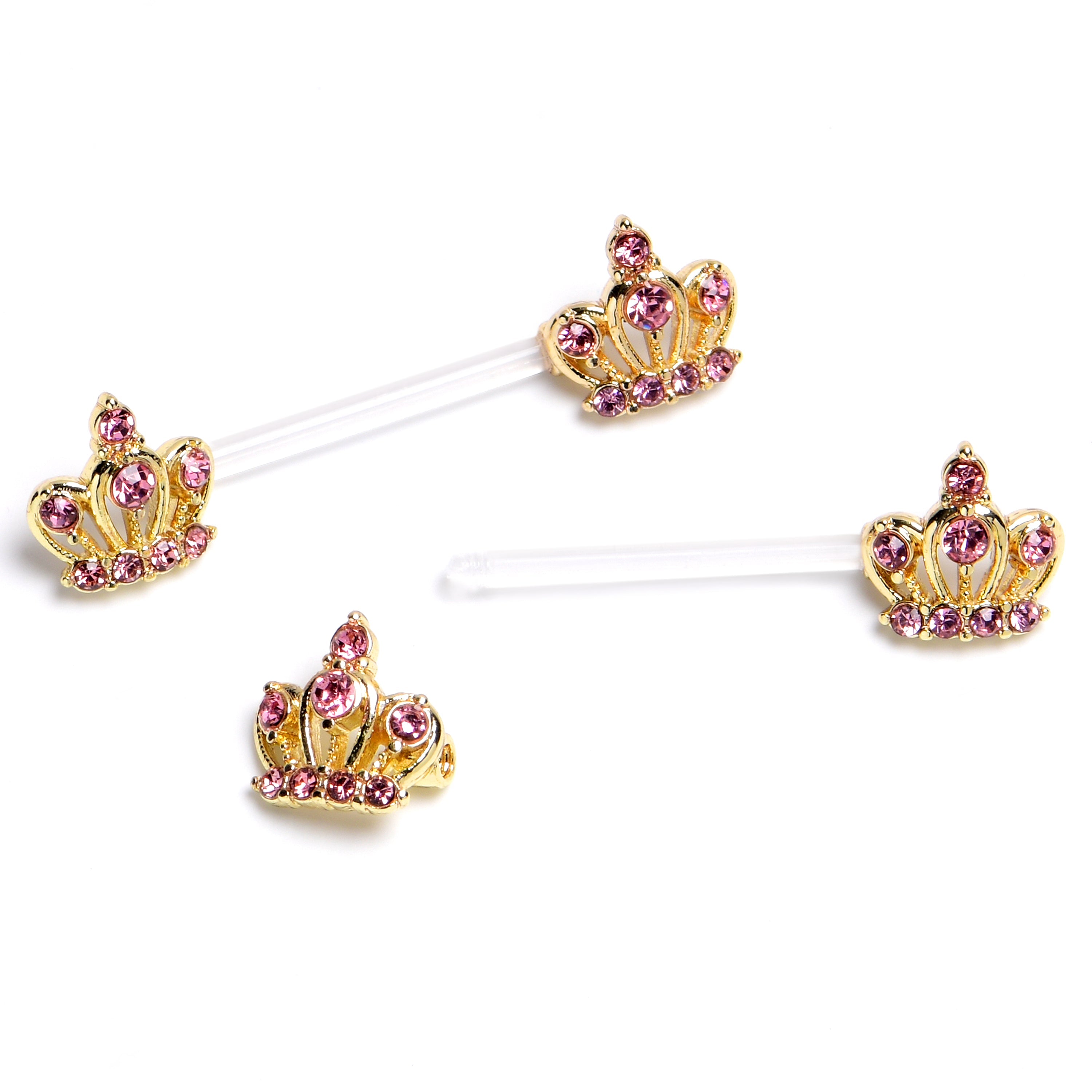 BodyCandy 14G 9/16 Pink Gem Bioplast Epic Crown Barbell Nipple Ring Set — main product shot