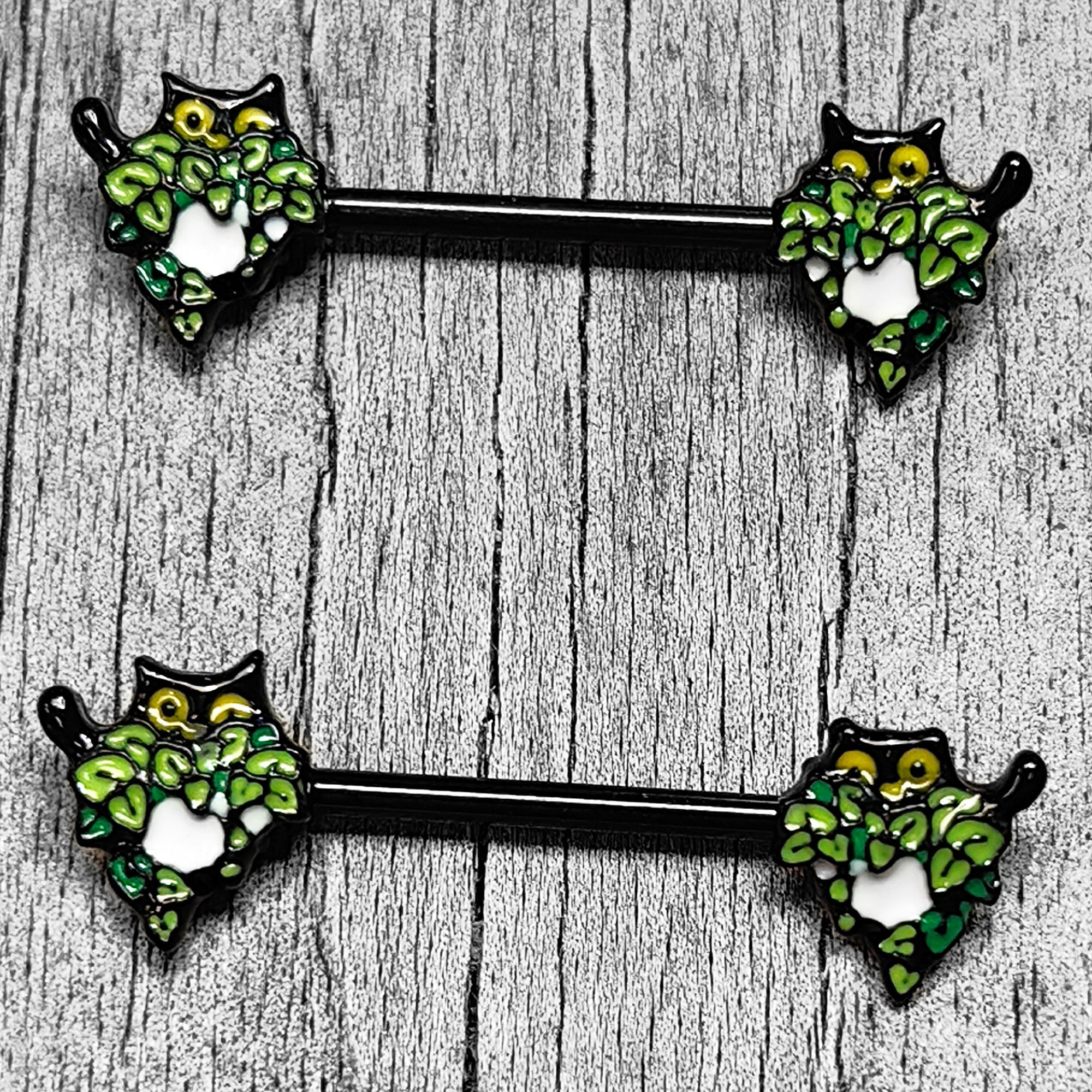 BodyCandy 14G 9/16 Black Pouncing Cat Barbell Nipple Ring Set — main product shot