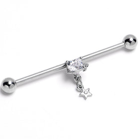 14G Clear Gem Starry Heart Dangle Industrial Barbell 38mm