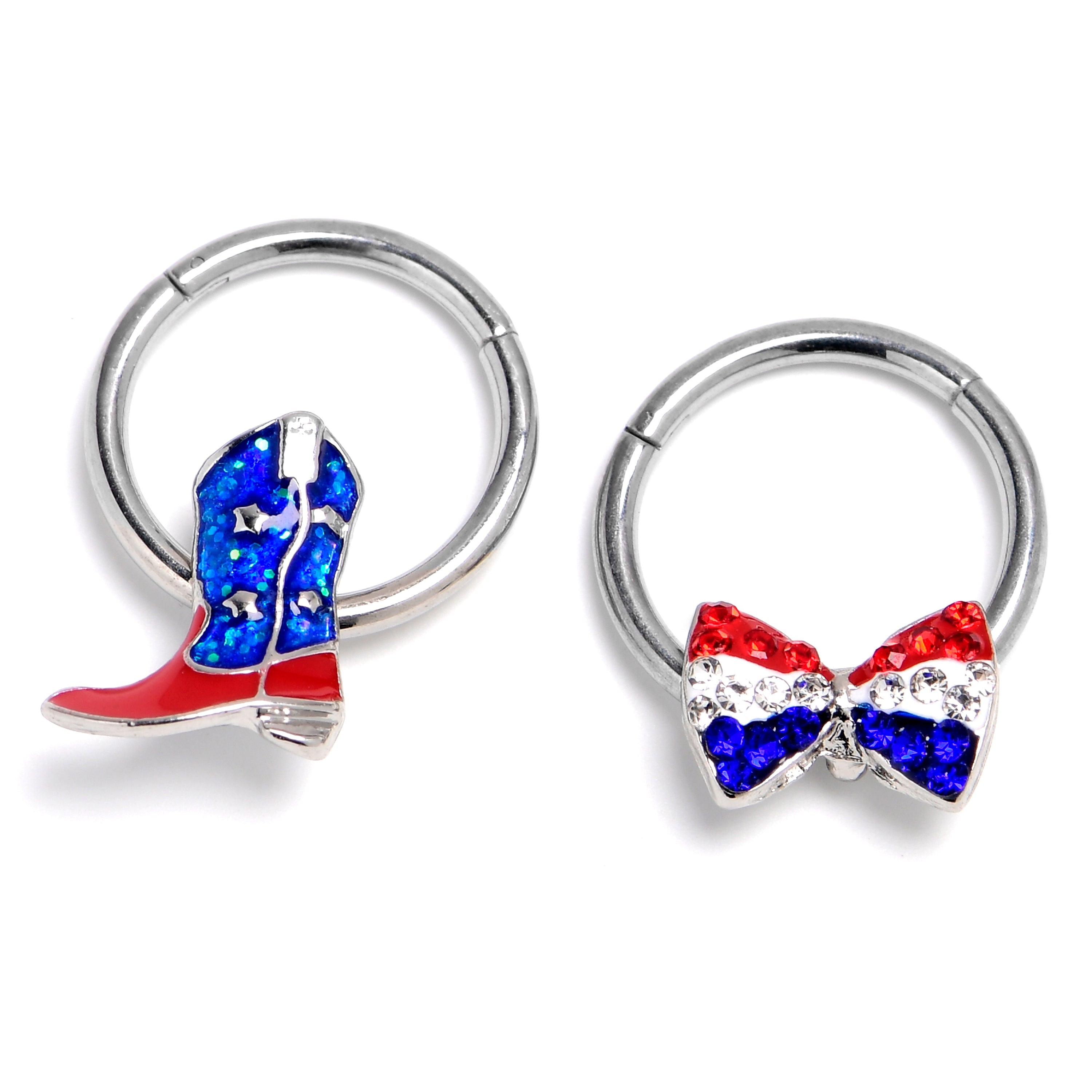 BodyCandy 16G 3/8 Red Blue Gem Bow Cowboy Boot Hinged Segment Ring Set of 2 — main product shot