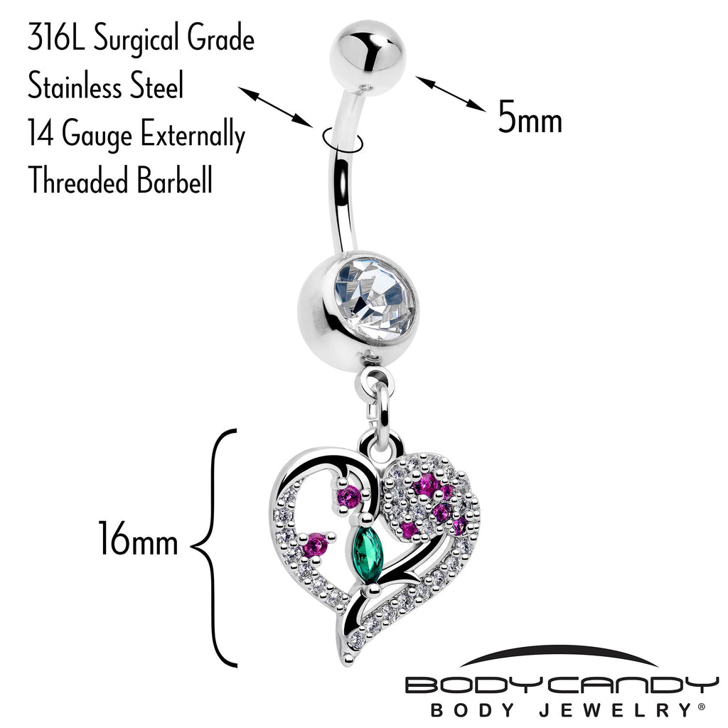 BodyCandy Emerald Passion CZ Gem Heart Dangle Belly Ring — detail close-up