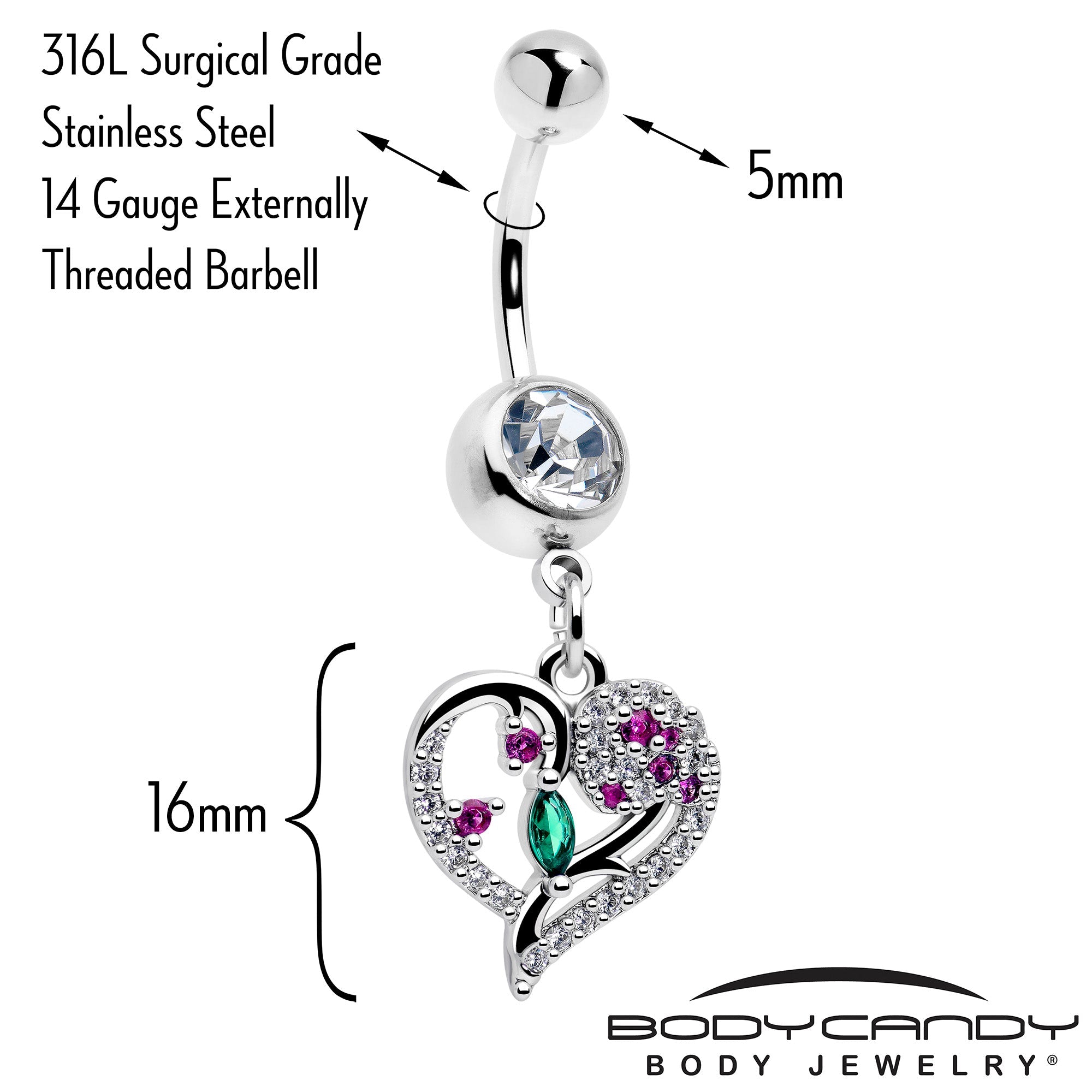 BodyCandy Emerald Passion CZ Gem Heart Dangle Belly Ring — detail close-up