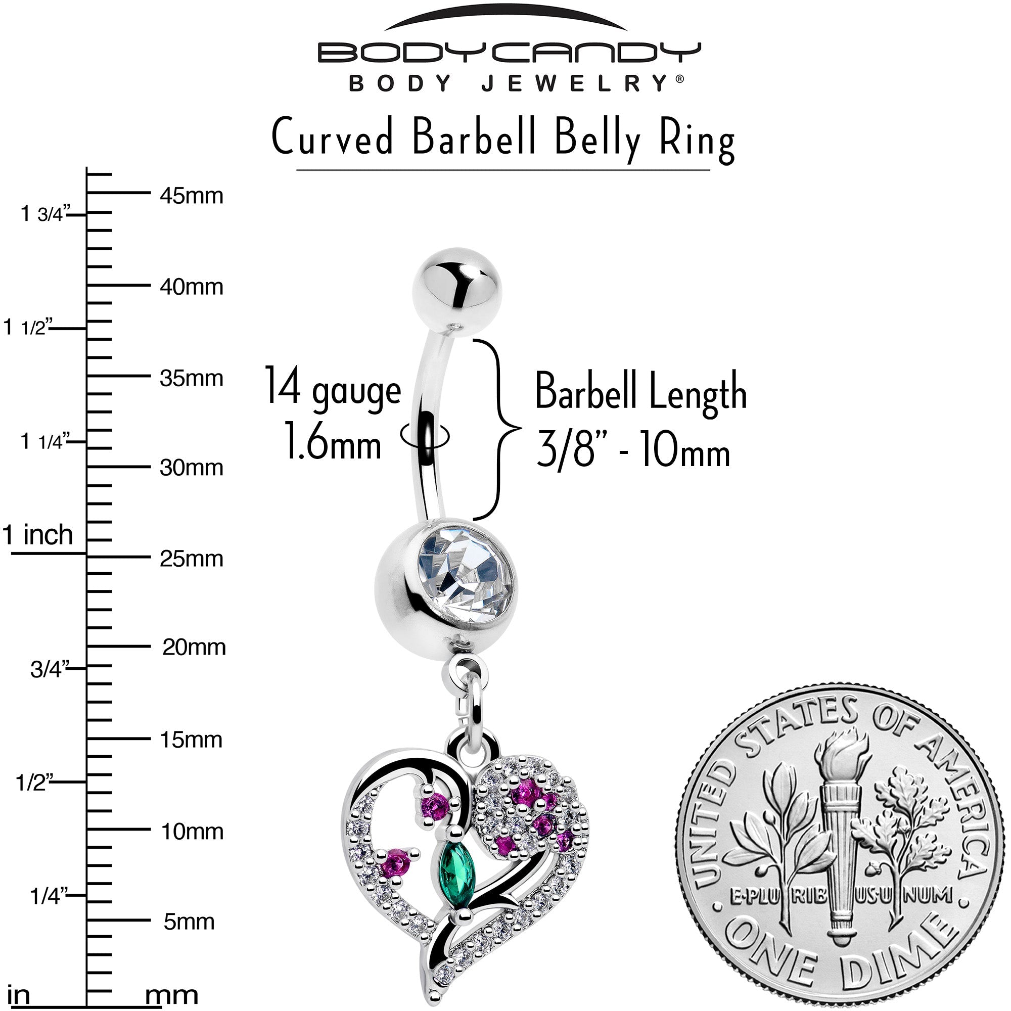 BodyCandy Emerald Passion CZ Gem Heart Dangle Belly Ring — side view