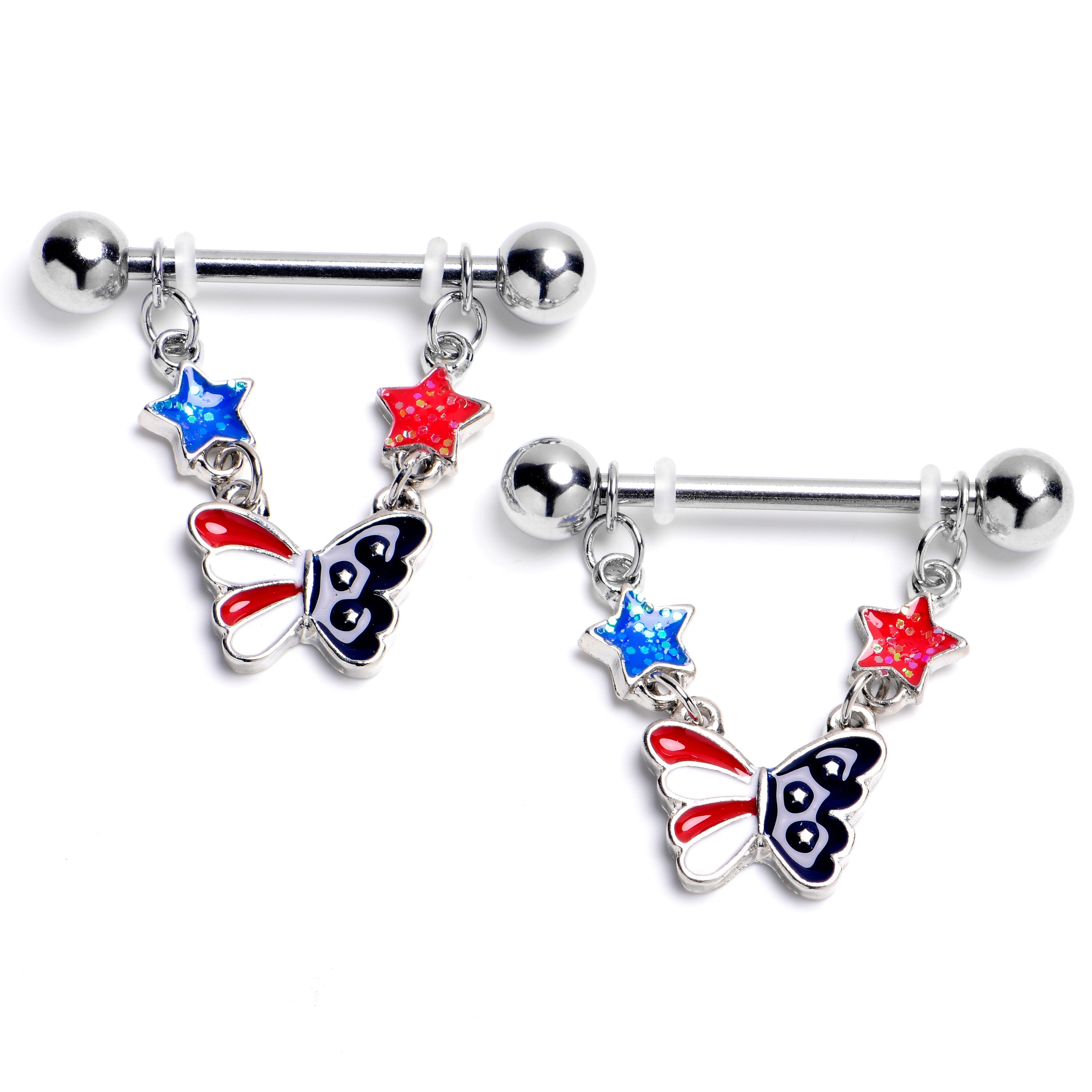 BodyCandy 14G 9.16 Butterfly Stars Red White Blue Dangle Nipple Ring Set — main product shot