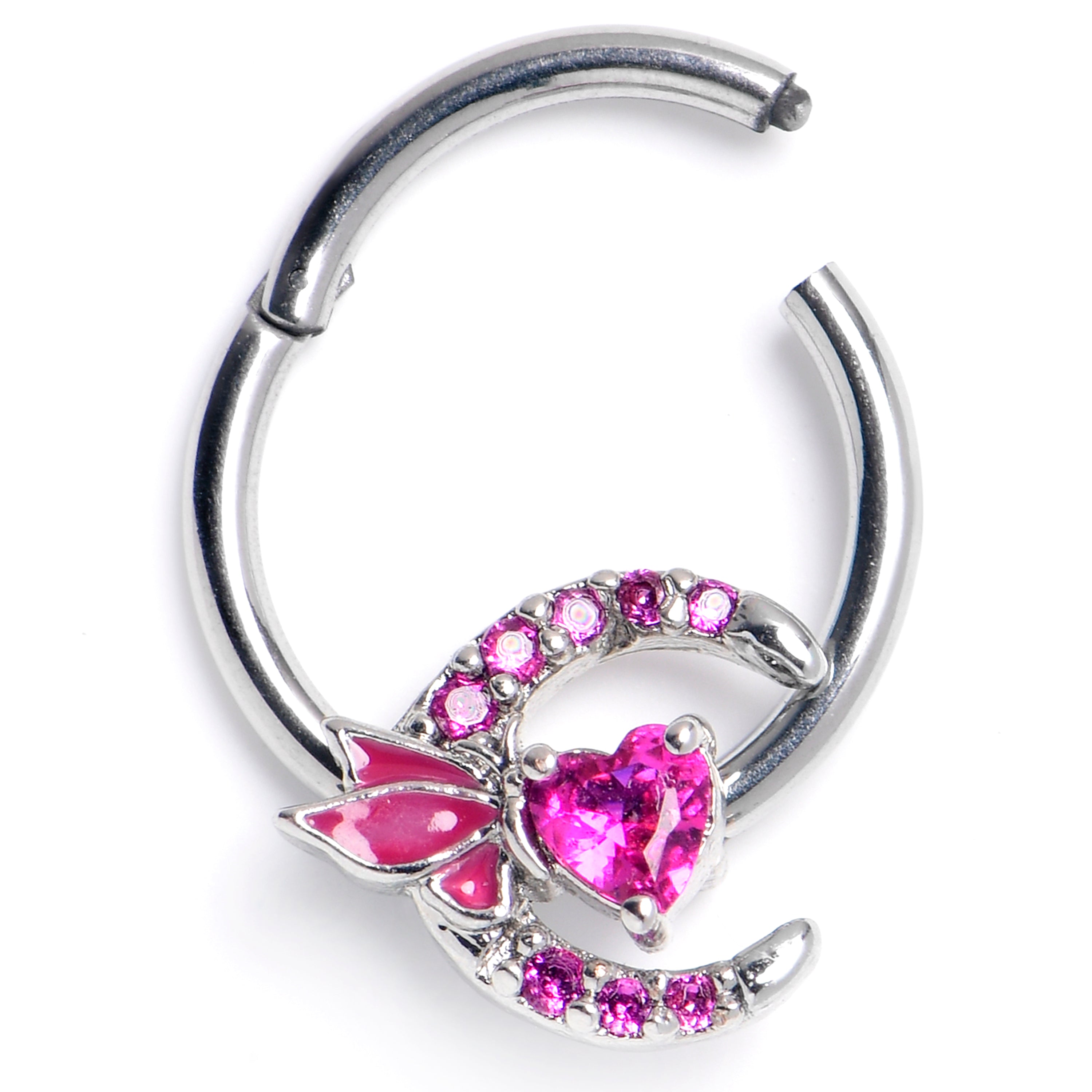 BodyCandy 16G 3/8 Pink CZ Gem Butterfly Moon Heart Hinged Segment Ring — main product shot
