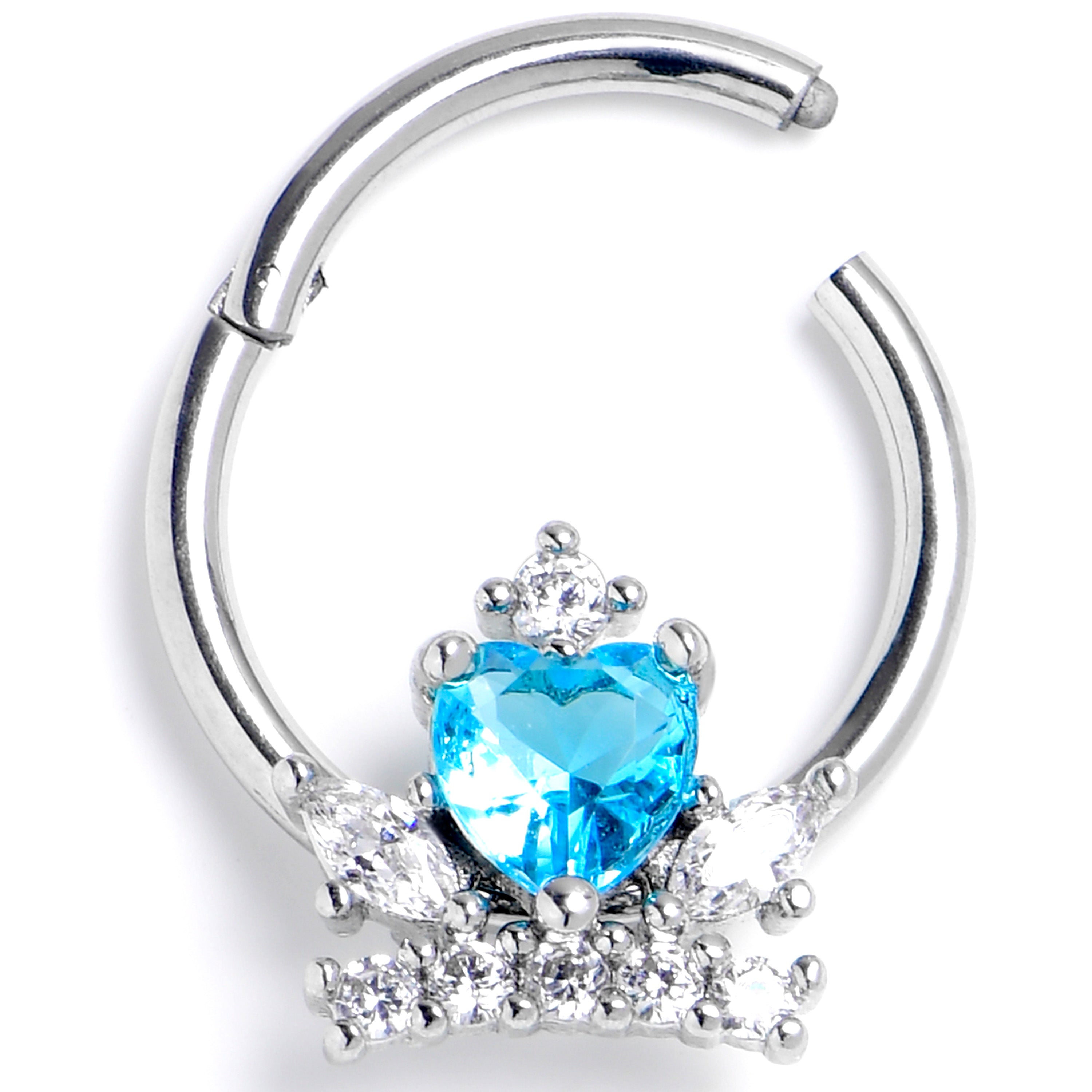 BodyCandy 16G 3/8 Blue Clear Gem Heart Crown Hinged Segment Ring — main product shot