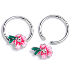 14G 9/16 Clear Gem Faerie Flower Pink BCR Captive Ring Set
