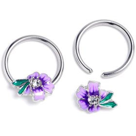 14G 9/16 Clear Gem Faerie Flower Purple BCR Captive Ring Set