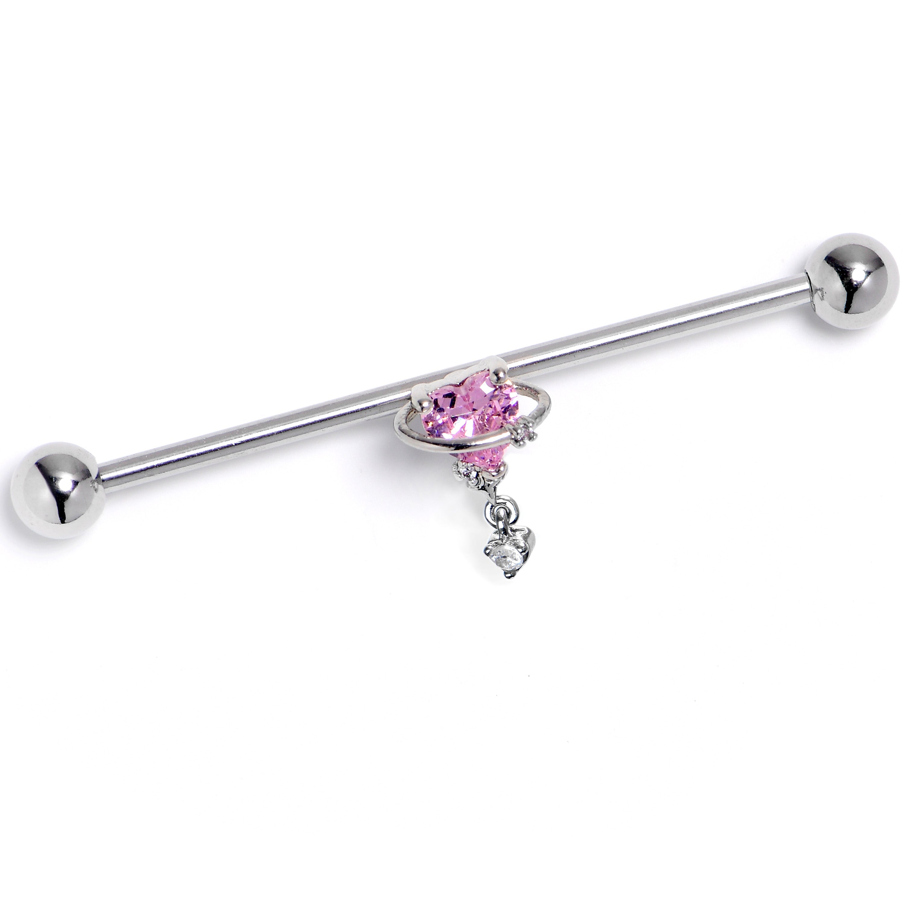 BodyCandy 14G Pink Clear CZ Gem Saturn Heart Dangle Industrial Barbell 38mm — main product shot