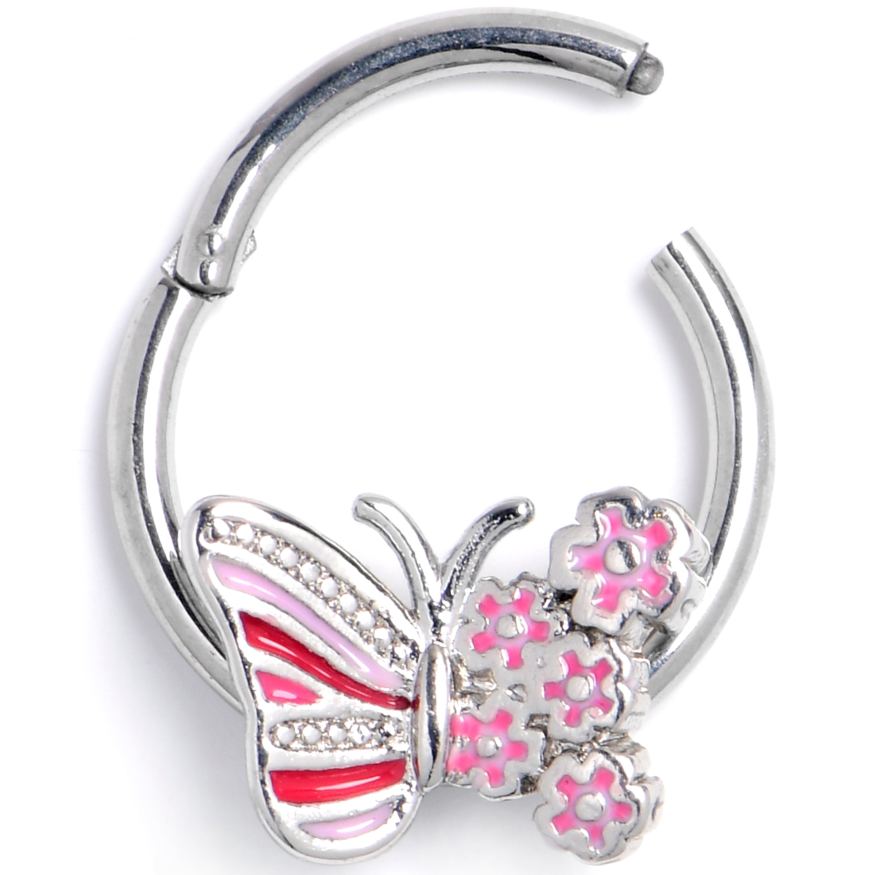 BodyCandy 16G 3/8 Clear Gem Flowery Butterfly Pink Hinged Segment Ring — main product shot