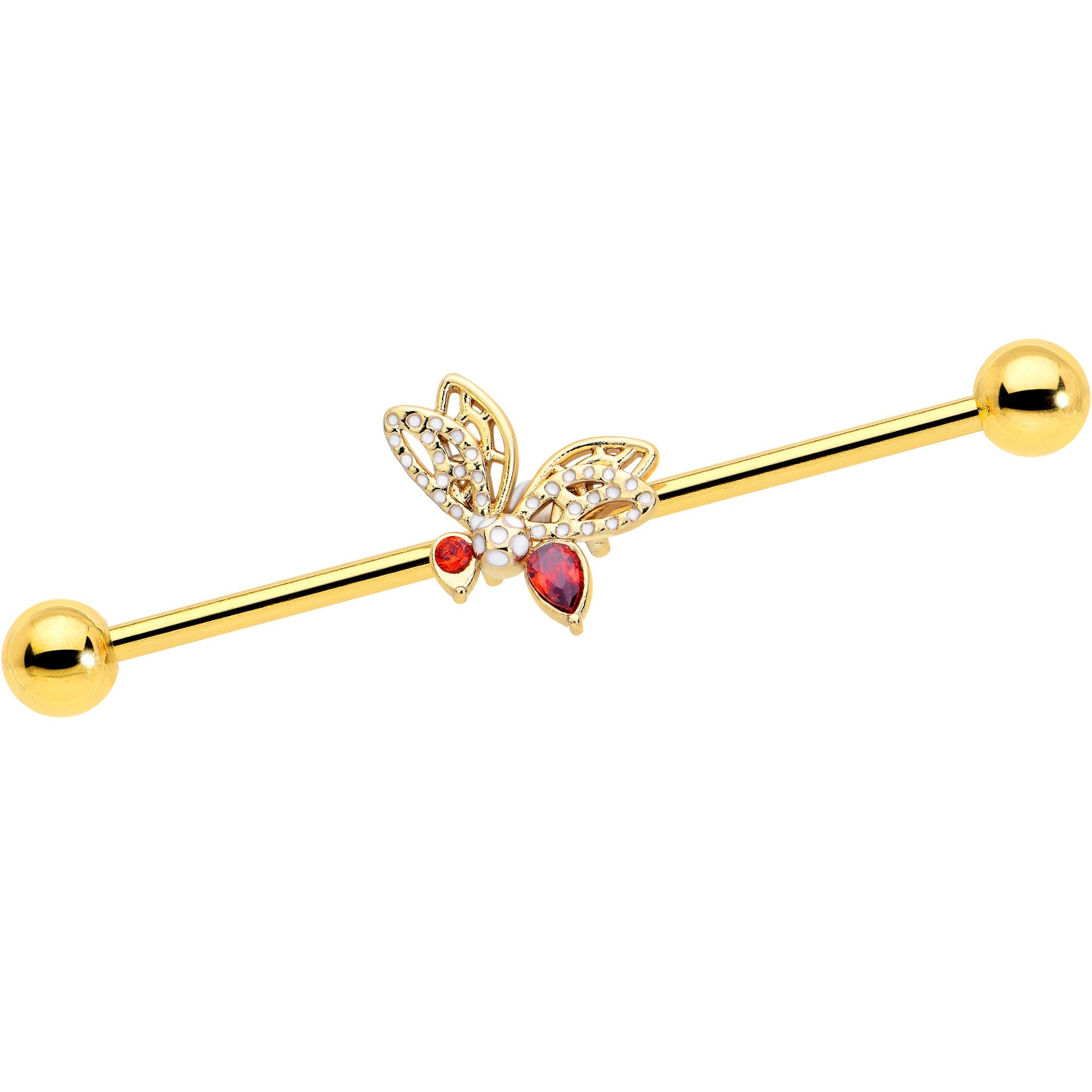 BodyCandy 14G Red CZ Gem Gold Tone Drama Butterfly Industrial Barbell 38mm — main product shot
