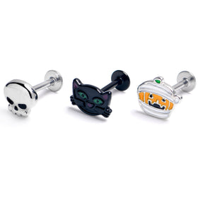 16G 5/16 Black Cat Skull Halloween Labret Monroe Tragus Set of3