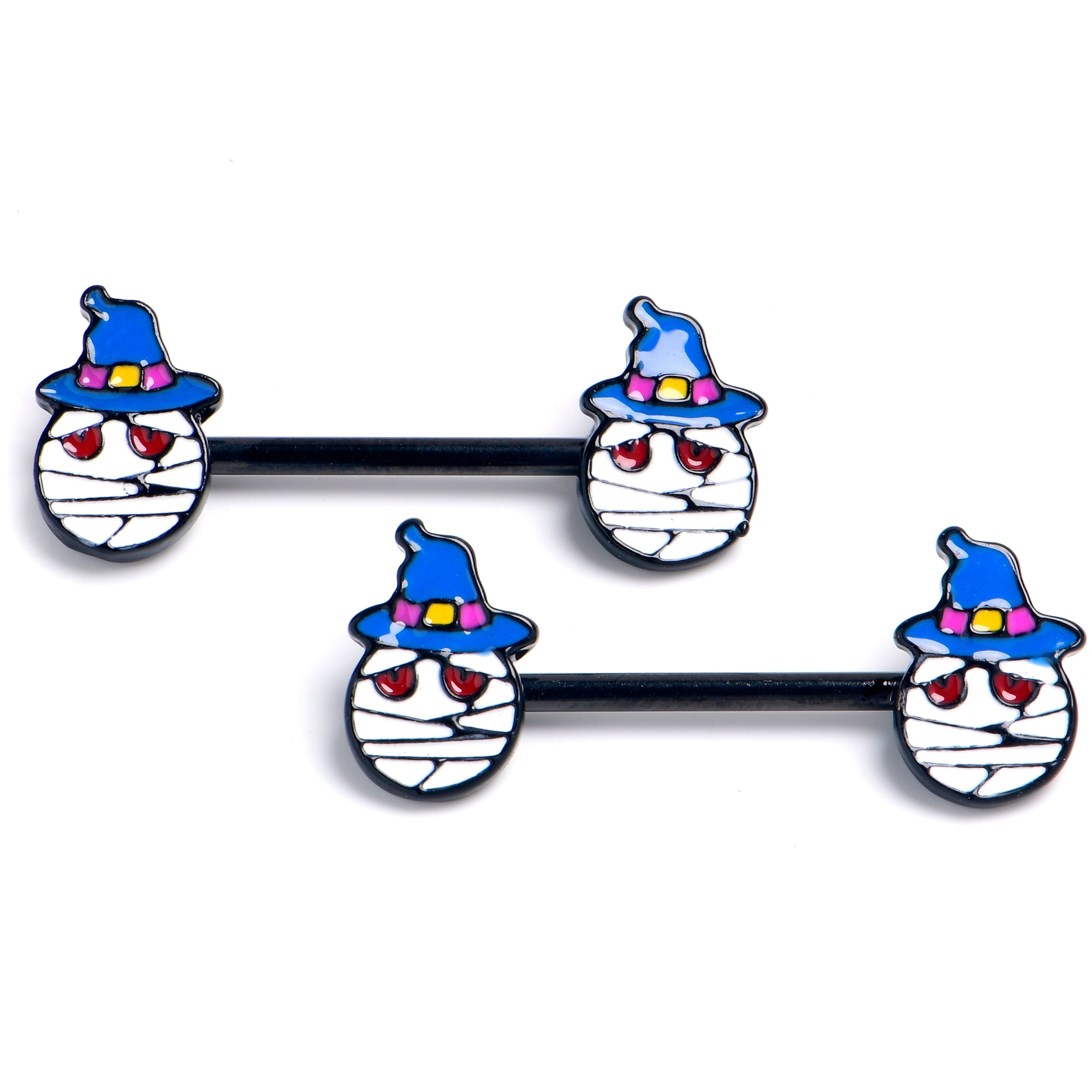 BodyCandy 14G 9/16 Black Witch Hat Mummy Halloween Barbell Nipple Ring Set — main product shot