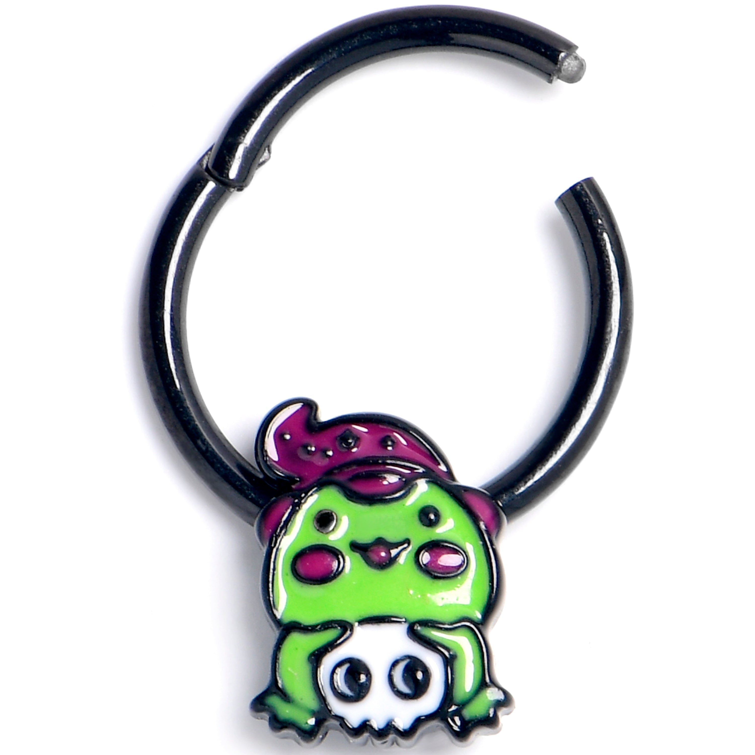 BodyCandy 16G 3/8 Black Witch Frog Skull Halloween Hinged Segment Ring — main product shot